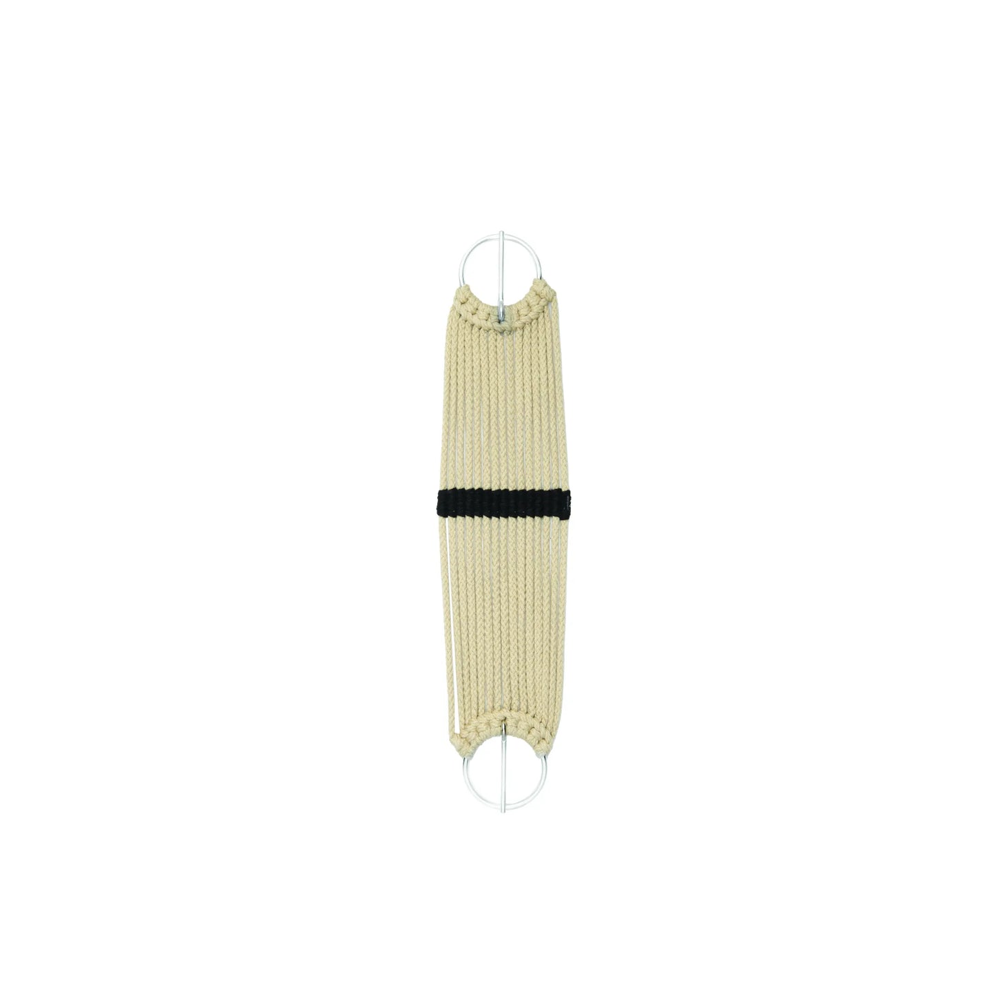 Weaver Leather Cinch Rayon 15-inch western horse cinch featuring off-white rayon cords and a striking black center accent band. Equipped with durable stainless steel rings and a flat design for maximum horse comfort and stability. This high-quality equestrian tack is perfect for western riding, offering a classic look with reliable performance.