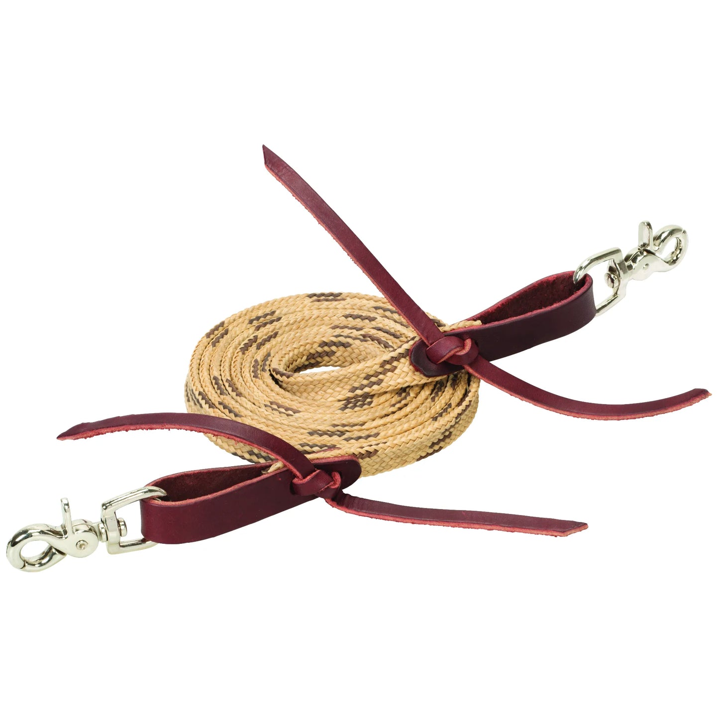Weaver Leather Competition Roper Rein featuring a durable tan and brown braided rope body. Rich burgundy mahogany leather ends with decorative ties and silver scissor snaps offer a secure, stylish attachment for Western riding. Engineered for superior grip and durability, these professional-grade horse reins are perfect for roping and arena competition. High-quality equestrian tack designed for maximum control and performance in the saddle.