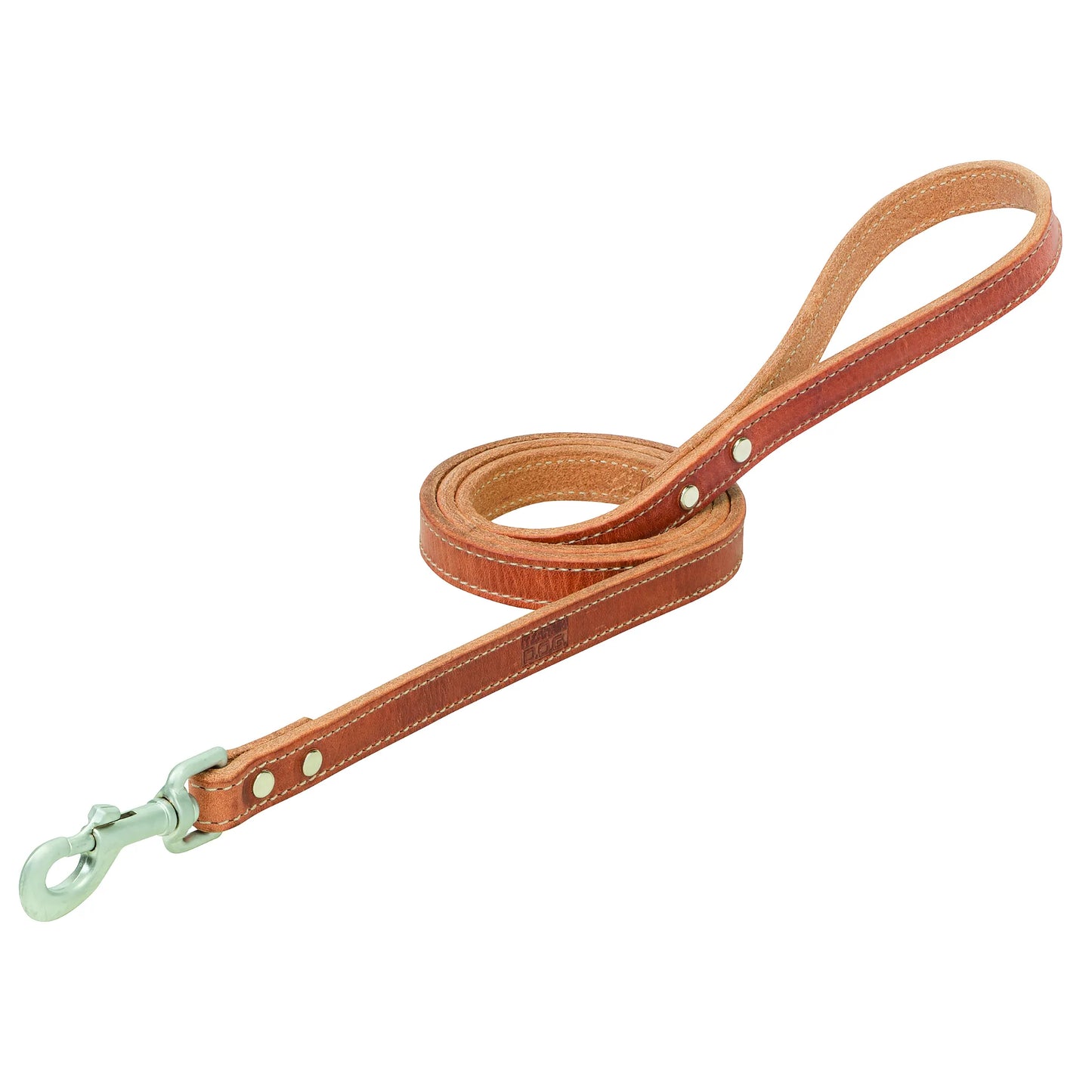 Weaver Leather Dog Leash in Natural Russet, crafted from premium harness leather with elegant white contrast stitching. This heavy-duty, durable lead features a comfortable handle loop, reinforced silver rivets, and a sturdy swivel bolt snap for secure walking and training. A high-quality, stylish pet accessory perfect for dog owners who value craftsmanship and longevity.
