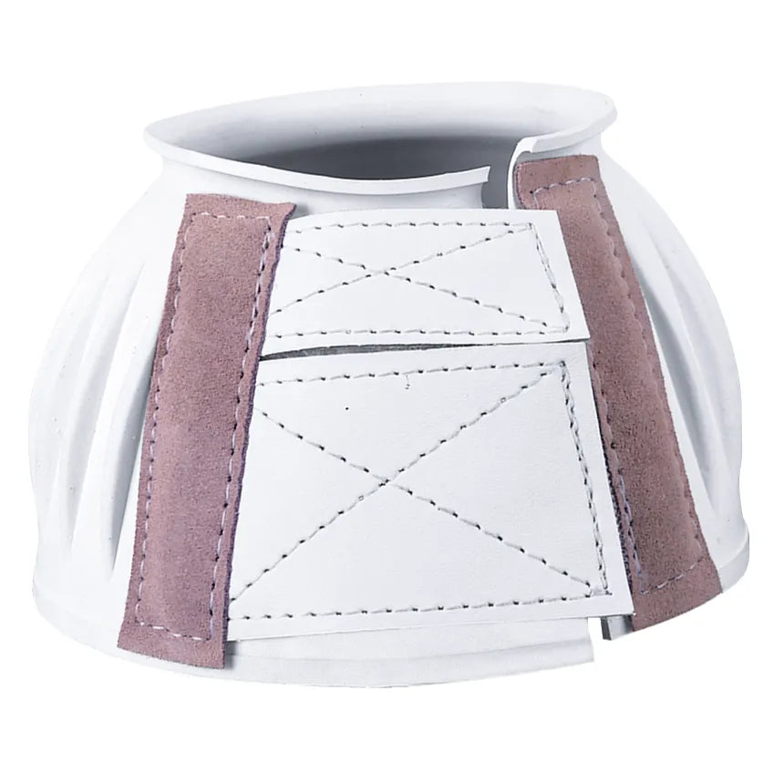 Weaver Leather Equine Double Hook and Loop Bell Boots in white. These protective horse bell boots feature a durable ribbed design and a secure double-fastening system with dusty rose suede pull tabs and white stitched square patches. High-quality equestrian gear designed for overreach protection and style during riding or turnout.