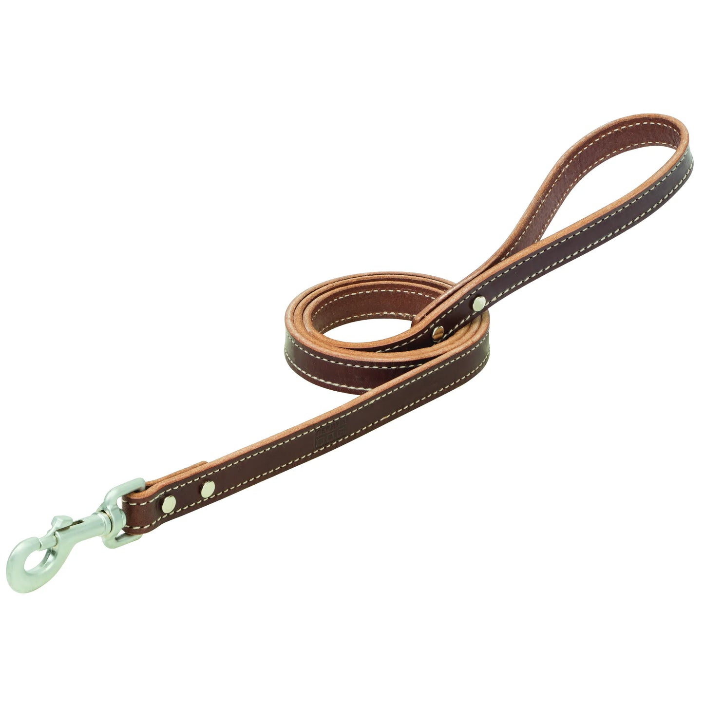 Weaver Leather Harness Leather Dog Leash in rich brown, featuring durable white contrast stitching and premium silver hardware. This heavy-duty leather leash includes a sturdy swivel snap hook and reinforced rivets for maximum security and longevity. Ideal for daily walks and obedience training, this classic brown leather dog lead combines professional quality with a stylish aesthetic for any pet owner.