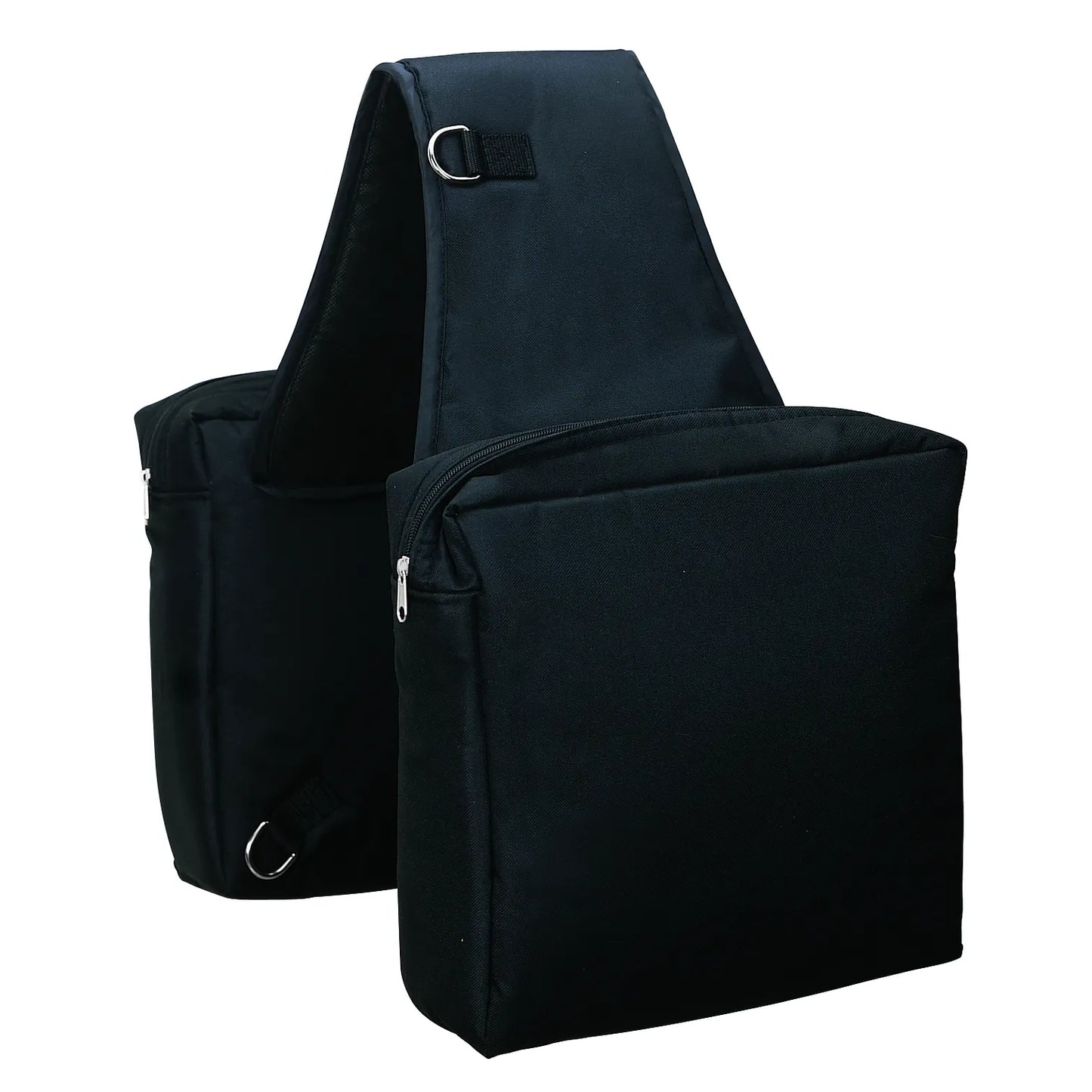 Weaver Leather Heavy Duty Saddle Bag in black, perfect for trail riders. This durable equestrian gear features two large zippered storage pockets and metal D-rings for secure attachment. Its high-quality construction ensures your supplies stay safe on long rides. A must-have accessory for any horse rider looking for reliable and spacious saddle storage.