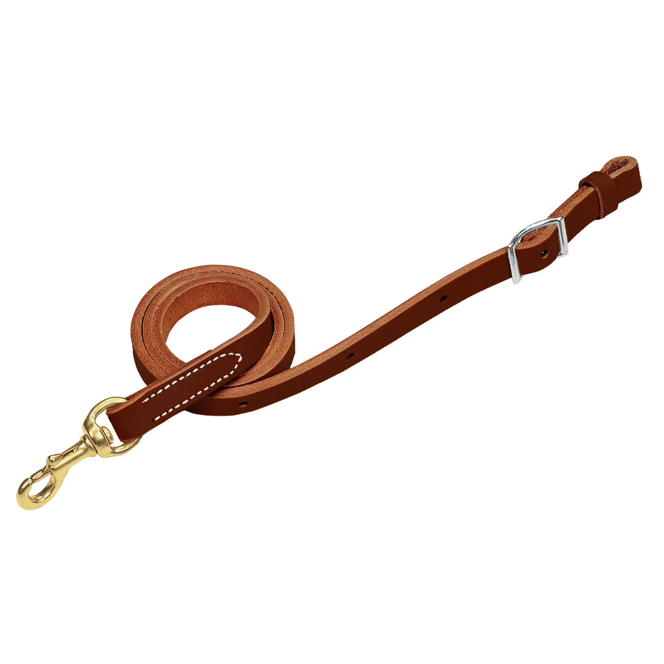 Weaver Leather Horizons Reins in rich brown leather, featuring a durable brass snap hook and adjustable silver buckle. These high-quality Western horse reins include classic white stitching and multiple adjustment holes for a customized fit. Perfect for equestrian riding, these durable leather reins offer a professional look and reliable performance for everyday use or Western competition.