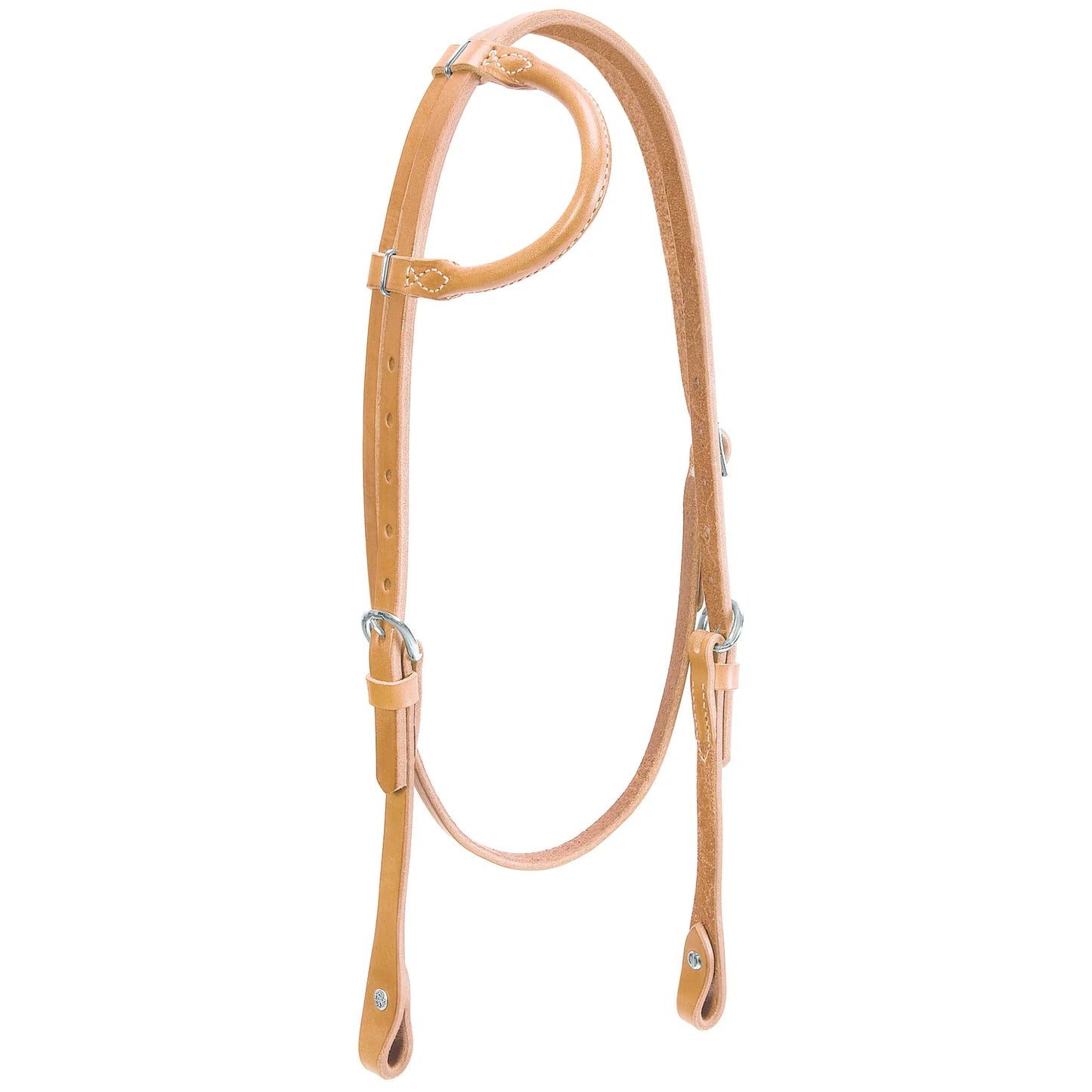 Weaver Leather Horizons Rolled Sliding Ear Headstall crafted from premium natural tan harness leather. This western horse headstall features a smooth rolled sliding ear piece for comfort and easy adjustment. Equipped with durable stainless steel hardware and Chicago screw bit ends, it’s a reliable choice for trail riding, training, or daily ranch work. A minimalist, high-quality leather bridle that combines classic western style with long-lasting performance.