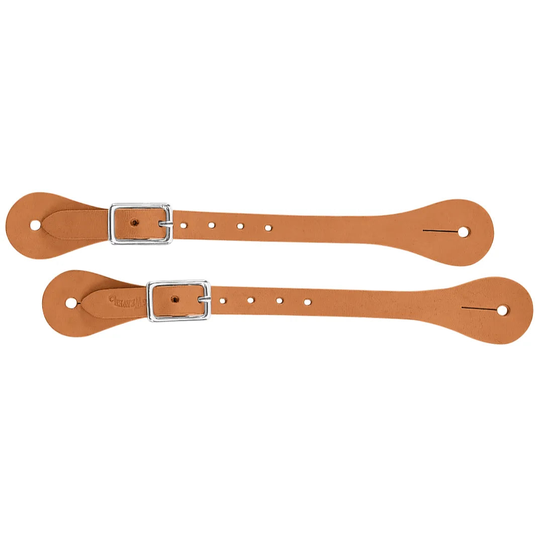 Weaver Leather Horizons Spur Straps crafted from durable tan harness leather. This pair of premium western riding accessories features adjustable stainless steel buckles and pre-punched holes for a custom fit. Perfect for equestrian tack collections, these sturdy leather straps are designed for comfort and longevity on the trail or in the show ring.