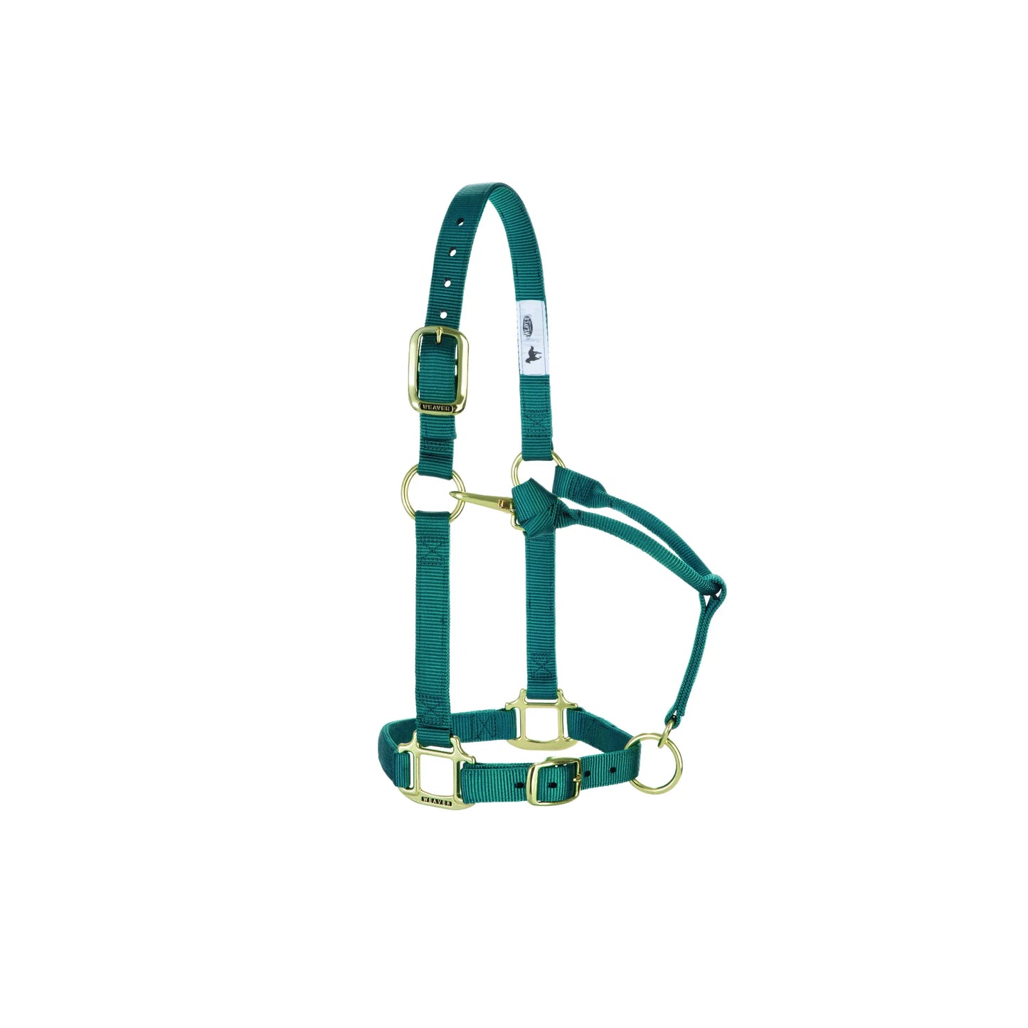 Hunter green Weaver Leather adjustable nylon horse halter featuring durable double-stitched webbing and heavy-duty brass-plated hardware. This high-quality equestrian tack includes an adjustable crown and noseband for a perfect fit, along with a convenient throat latch snap. A classic and reliable choice for horse owners looking for comfort and durability in their stable supplies and turnout gear.