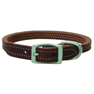Weaver Leather Hybrid Oiled Russet Dog Collar featuring rich brown oiled leather with white contrast stitching. This durable pet accessory includes matte silver-finish hardware and a "TERRAIN D.O.G." branded D-ring. Ideal for pet owners looking for a rugged, stylish, and high-quality leather collar for active dogs.