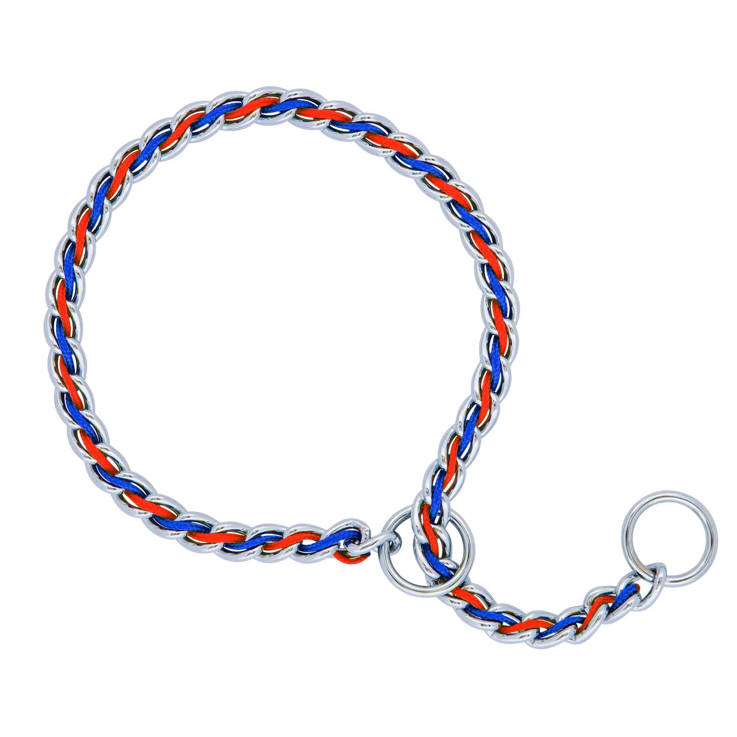 Weaver Leather Laced Chain Slip Collar for dogs featuring vibrant red and blue lacing woven through chrome-plated links. This training collar is designed for quieter, more comfortable walks by reducing chain noise. The slip lead design includes durable metal O-rings for easy leash attachment and effective control. Perfect for training and everyday use, combining style and functionality for your pet.