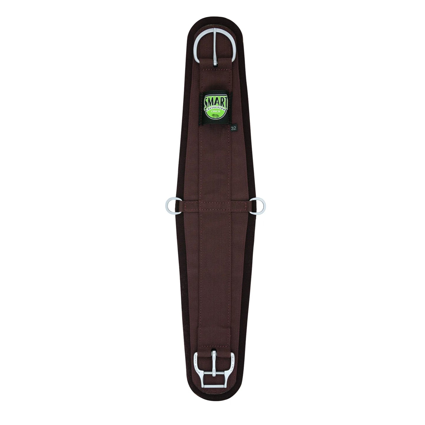 Brown Weaver Leather Neoprene Smart Roper Cinch with a chocolate brown nylon top and shock-absorbing black neoprene backing. This western horse cinch features patented stainless steel roller buckles for effortless tightening, center D-rings, and a wide roper design to distribute pressure across the horse's barrel. Ideal for western performance, roping, and trail riding tack. Includes the signature Smart Cinch green and white logo.