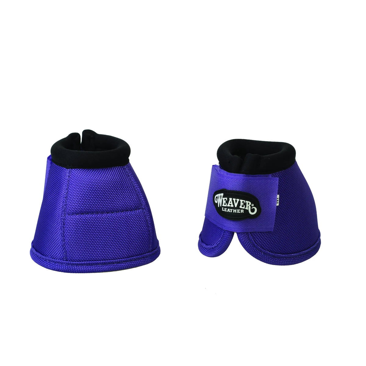 Pair of Weaver Leather No-Turn Bell Boots in vibrant purple, crafted from heavy-duty 2520D ballistic nylon for maximum hoof protection. Featuring a secure hook-and-loop closure with the Weaver Leather logo and a thick, padded black collar for horse comfort. These high-performance equestrian boots prevent overreach injuries and stay securely in place during training or performance.