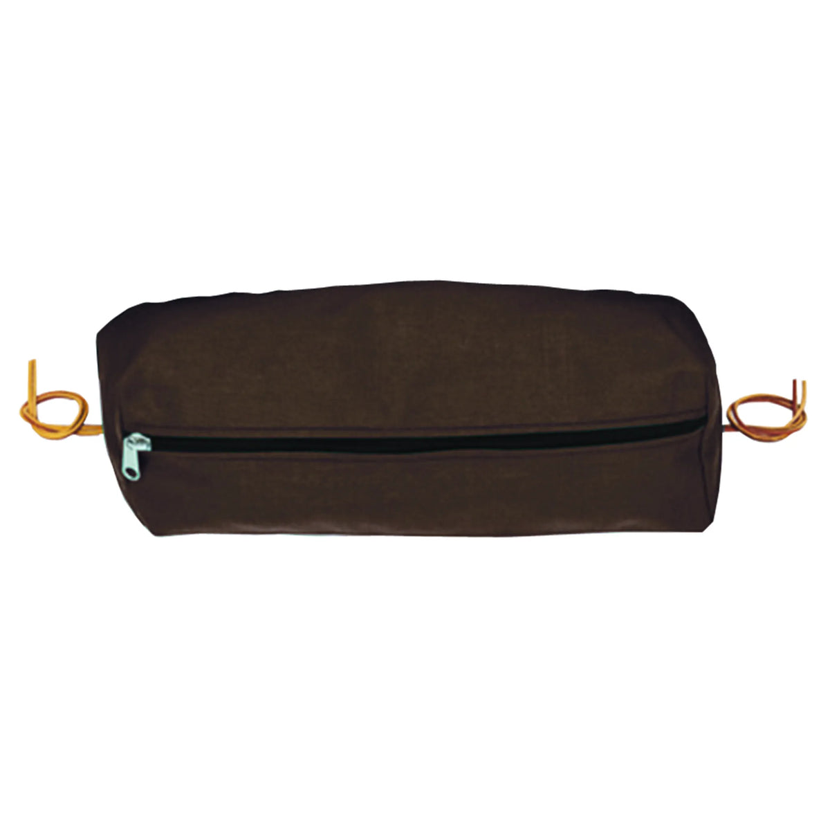 Weaver Leather brown nylon cantle bag featuring a heavy-duty horizontal zipper and yellow leather tie strings for easy attachment to horse saddles. This durable trail riding storage bag is perfect for carrying equestrian gear and essentials. A classic chocolate brown saddle bag designed for functionality and longevity during long rides.
