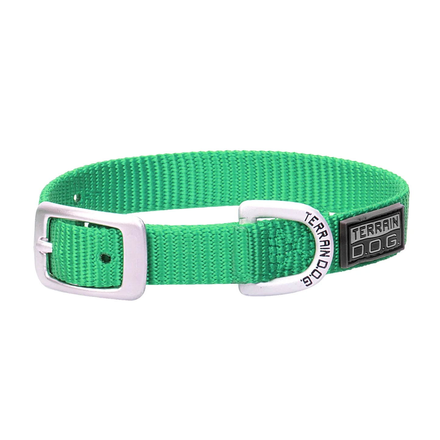 Vibrant green Weaver Leather nylon dog collar featuring a durable silver-tone metal buckle and an embossed "Terrain D.O.G." D-ring for leash attachment. Crafted from heavy-duty nylon webbing, this adjustable and stylish pet collar includes a sleek black brand patch, making it a reliable and high-quality choice for active dogs and everyday outdoor adventures.
