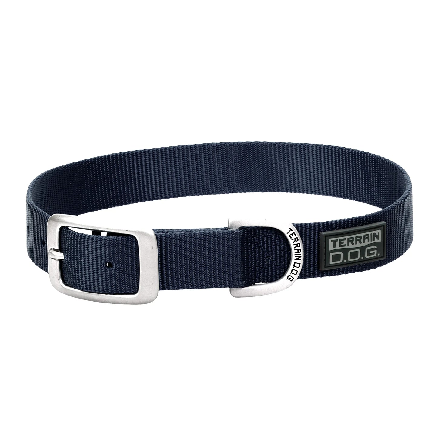Navy blue Terrain D.O.G. by Weaver Leather nylon dog collar featuring heavy-duty webbing and premium silver metal hardware. This durable, adjustable collar includes a sturdy buckle and D-ring for secure leash attachment, making it a stylish and reliable accessory for active pups and outdoor adventures. Perfect for pet owners seeking high-quality, long-lasting dog gear.