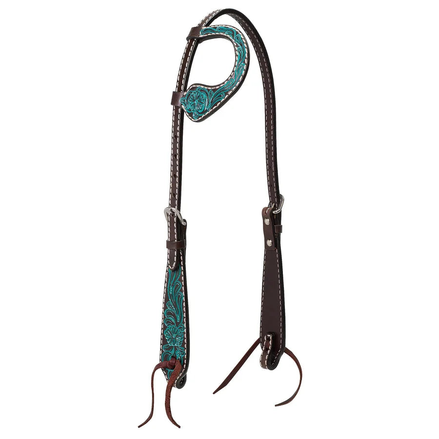 Weaver Leather One Ear Headstall - Hand-Carved Turquoise Flower Western Tack