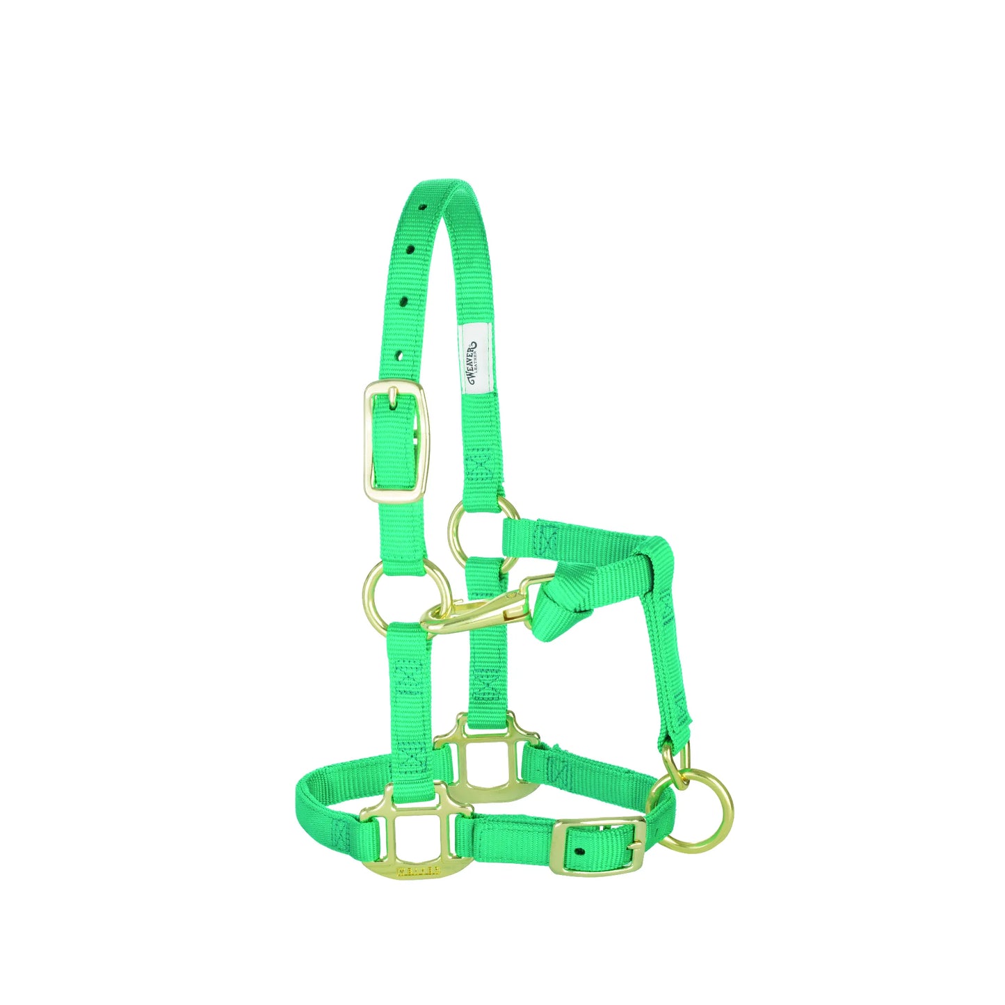 Weaver Leather Original 3/4" lime green nylon halter designed for weanlings, sucklings, and Arabian horses. Features durable neon green webbing with high-quality brass-plated hardware and an adjustable crown and chin strap for a secure, custom fit. A vibrant and reliable equestrian essential perfect for daily use, training, or turnout.