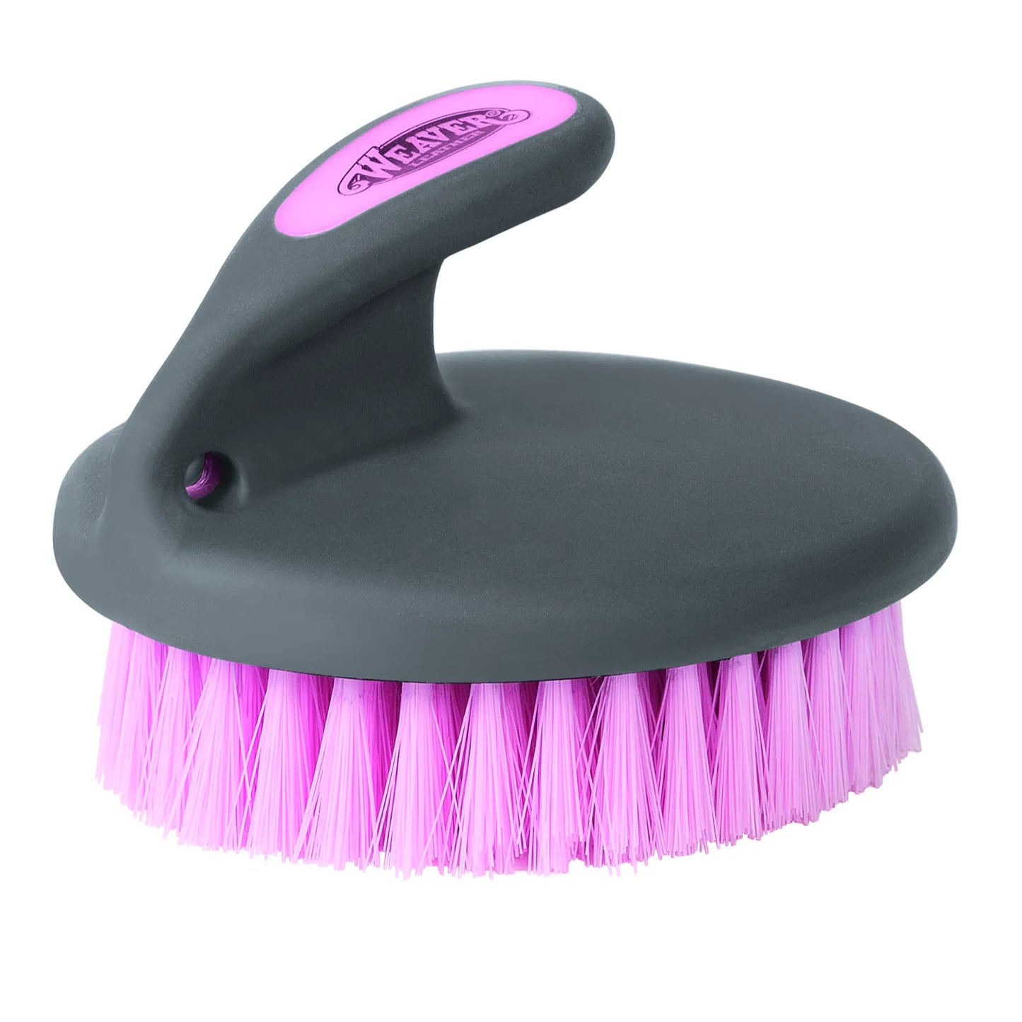 Weaver Leather Palm Brush (SOFT) featuring an ergonomic charcoal grey handle with a pink logo inlay and vibrant soft pink synthetic bristles. This round grooming brush provides a comfortable, secure grip for bathing and grooming horses or pets. A stylish and durable essential for any equestrian grooming kit or pet care routine.
