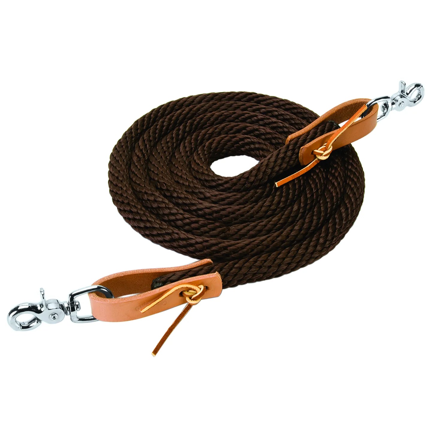 Weaver Leather Poly Roper Rein in dark brown braided poly rope. These durable Western horse reins feature natural tan leather poppers with leather ties and heavy-duty silver-tone scissor snaps for easy bit attachment. Perfect for roping, trail riding, and training, this equestrian tack offers a secure grip and professional look for Western riders.