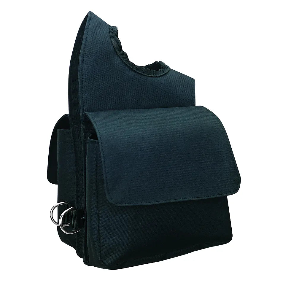 Black Weaver Leather Pommel Horn Bag featuring a quick-access saddle storage compartment with a large flap closure. This durable equestrian bag is designed to fit over the saddle horn, providing horse riders with easy reach to trail essentials. Includes side D-rings for secure attachment. Perfect for keeping gear organized during horse riding and trail adventures.