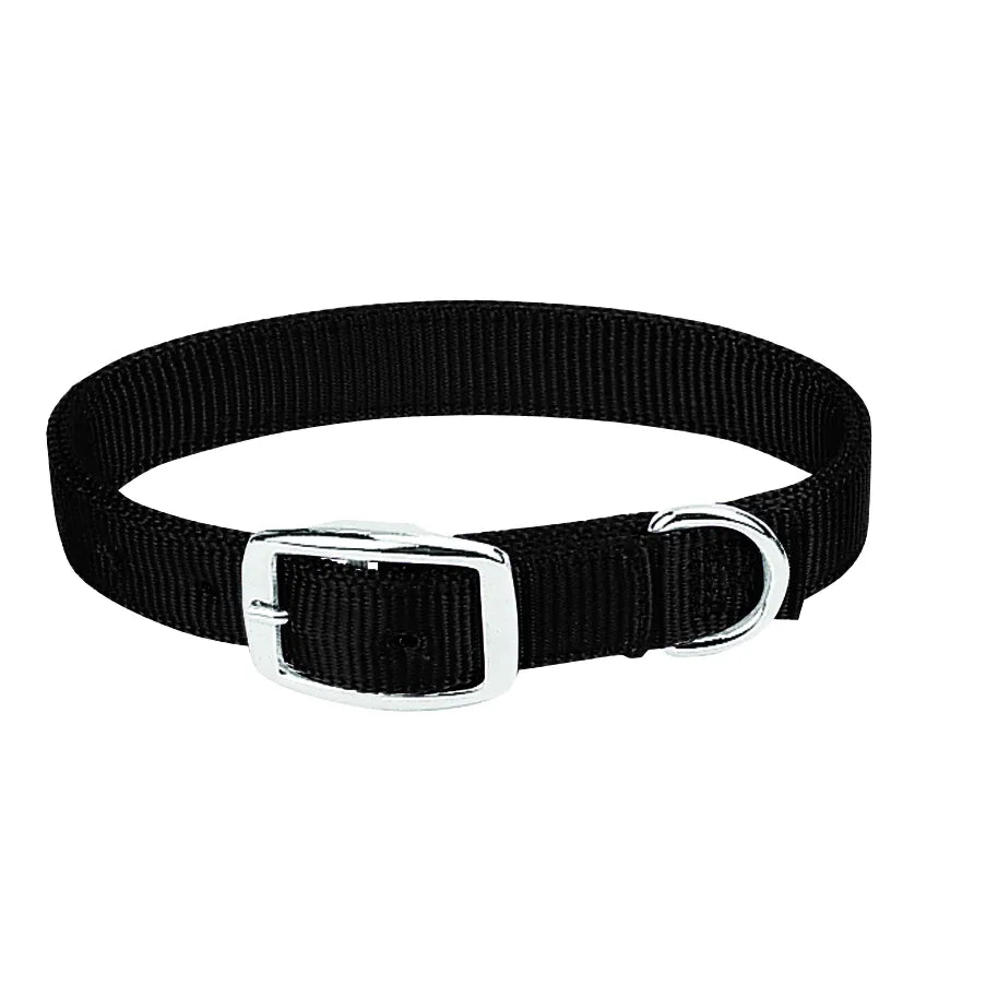 Black Weaver Leather Prism Classic Dog Collar crafted from durable, high-quality woven nylon. This stylish pet accessory features a secure silver-finished buckle and a sturdy D-ring for easy leash attachment. Designed for comfort and longevity, this classic adjustable nylon collar is perfect for everyday wear and pet safety for any dog breed.