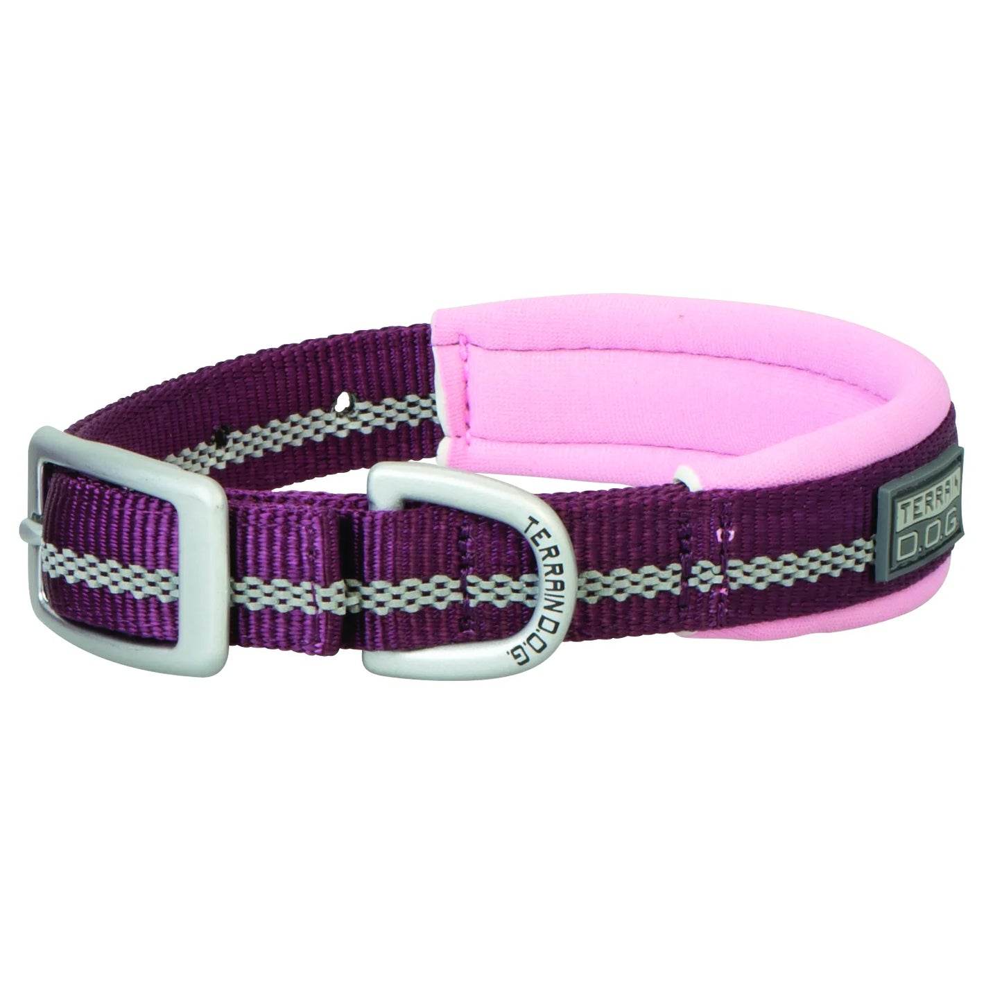 Weaver Leather Reflective Dog Collar in deep purple with soft pink neoprene padding for maximum comfort. This high-visibility Terrain D.O.G. collar features a gray reflective strip for safety, a durable silver buckle, and a sturdy D-ring. Perfect for nighttime walks and active outdoor adventures, this adjustable nylon collar combines style, safety, and durability for your pet.