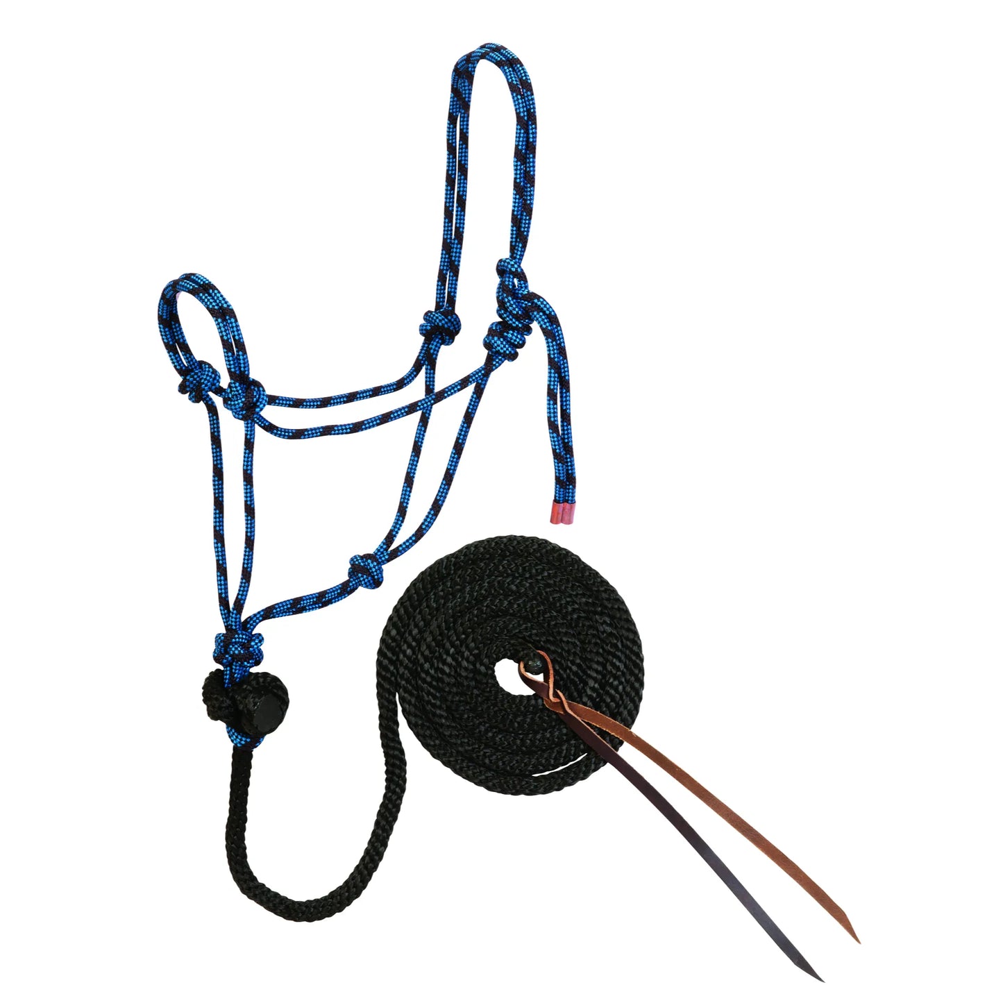 Weaver Leather Rope Halter with Diamond Braid Lead in a vibrant blue and black zig-zag pattern. This durable knotted horse halter includes a heavy-duty black lead rope finished with classic brown leather poppers. Perfect for horse training, ground work, and professional equine care, this stylish and functional tack set is a must-have for any equestrian.