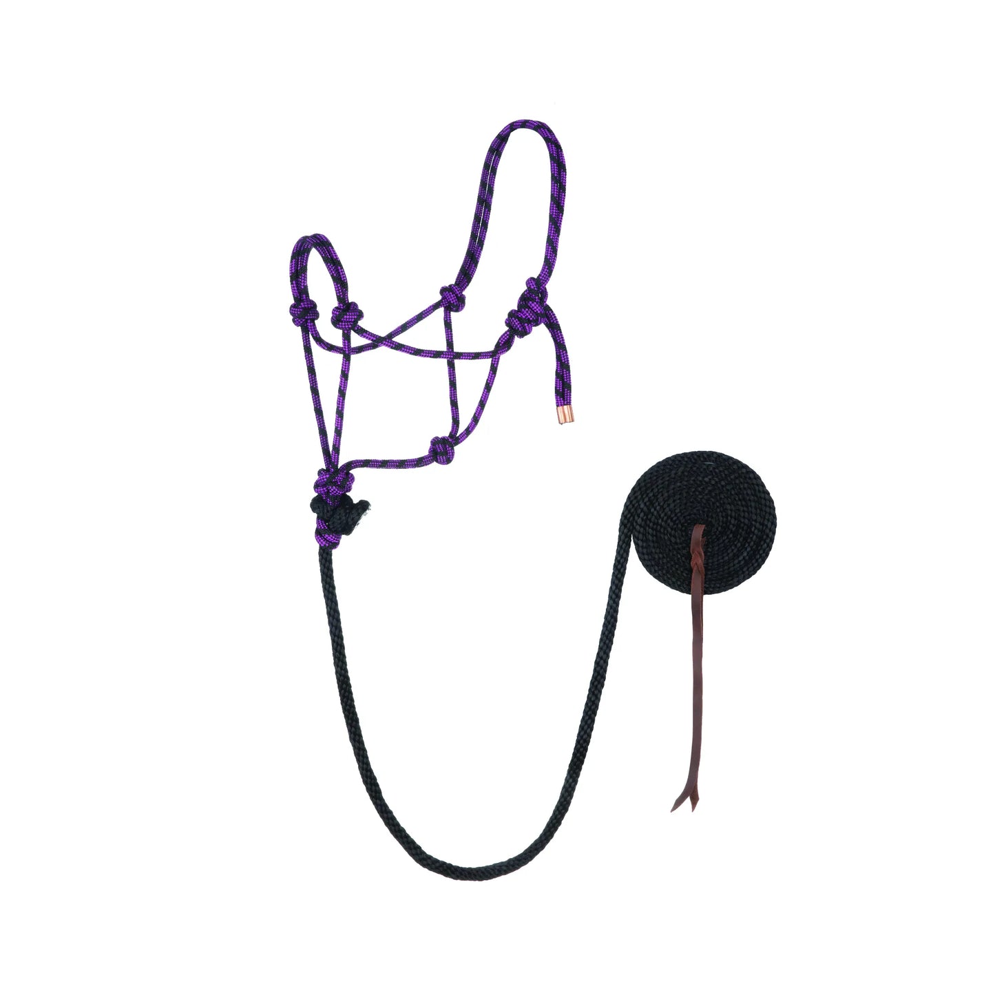 Weaver Leather rope horse halter and lead set featuring a purple and black diamond braid pattern. The durable training halter is paired with a solid black lead rope that includes a classic brown leather popper. Precision-knotted for effective control and communication during groundwork, this stylish tack set is perfect for everyday use, training, and showing. High-quality horse equipment for riders seeking performance and durability.