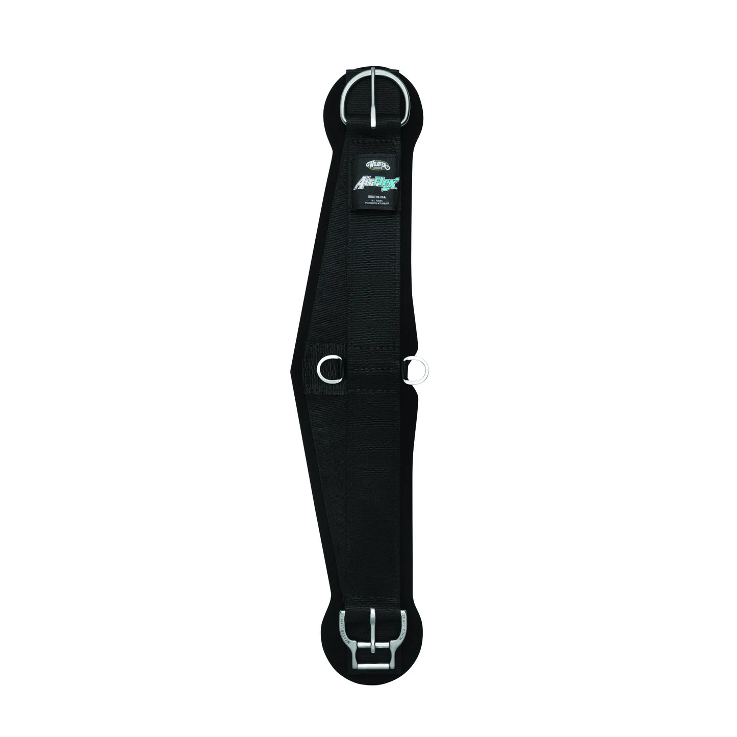 Weaver Leather Roper Air Flex Smart Cinch in black features a wide-center roper design for maximum comfort and pressure distribution. This high-performance western cinch includes breathable AirFlex technology, durable stainless steel hardware, and the patented Smart Cinch roller buckle for effortless tightening. With two center D-rings for attachments, it’s an essential piece of horse tack for roping, barrel racing, or trail riding.