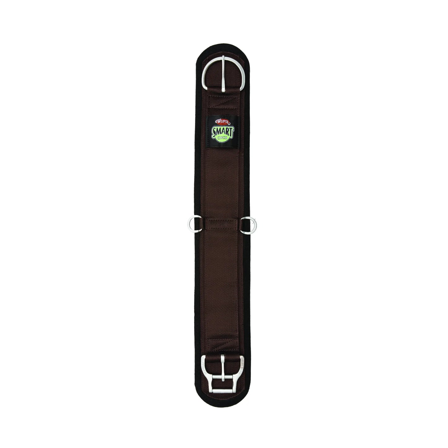 Weaver Leather Smart Cinch in chocolate brown nylon with a soft black neoprene liner. This premium western cinch features the patented Roll-Snug Roller Buckle for smooth, easy cinching and maximum horse comfort. Includes center D-rings for breast collar attachment and durable stainless steel hardware. High-quality trail riding gear designed for security and long-lasting performance on every ride.