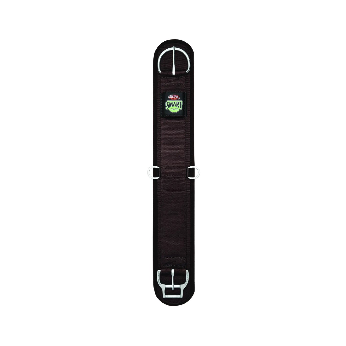 Weaver Leather Smart Cinch in black, a premium western horse girth designed for maximum comfort and security. Features the Roll Snug buckle system for easy tightening and stainless steel hardware for durability. This high-quality equine cinch includes center D-rings and a contoured design, making it essential horse tack for trail riding, training, or ranch work.