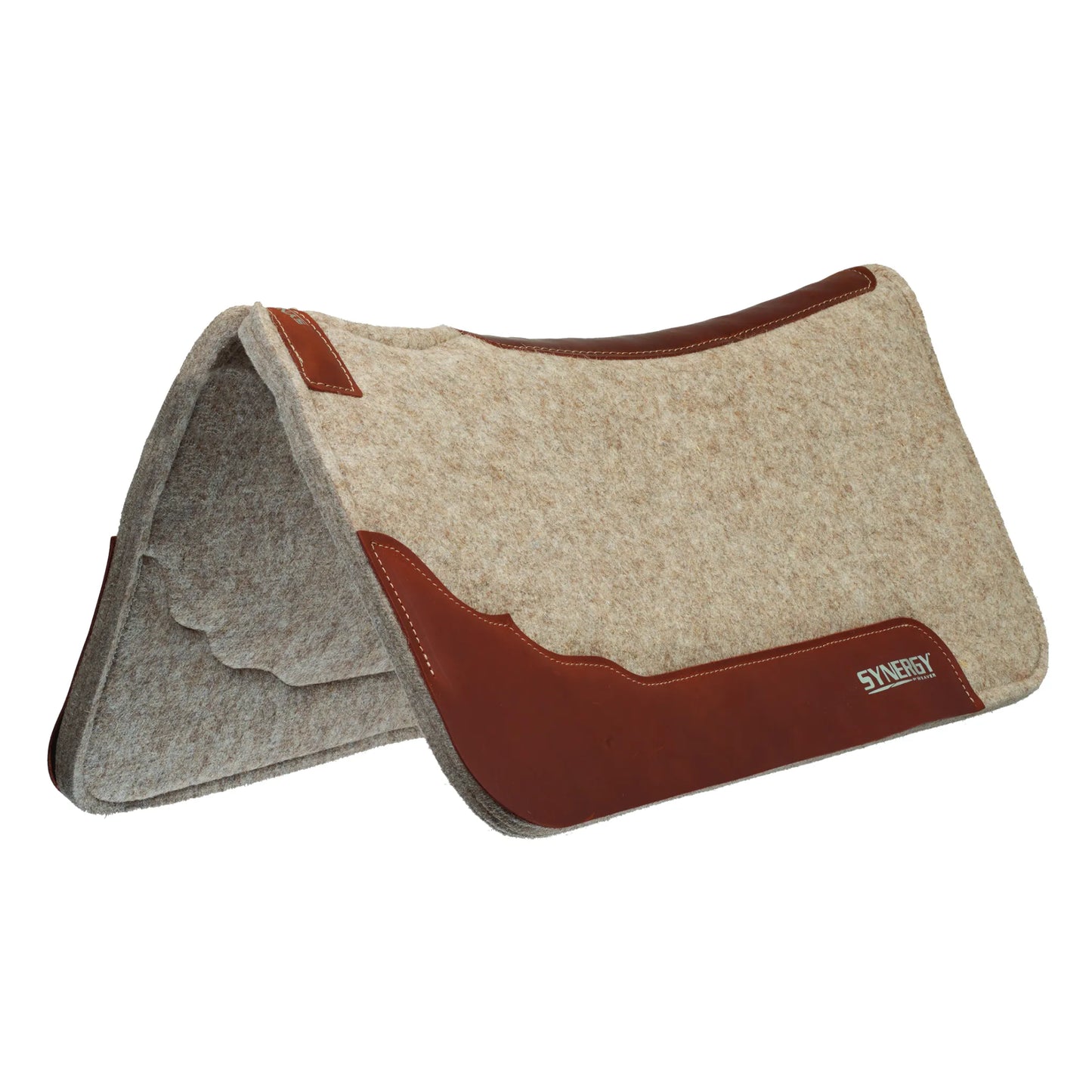 Weaver Leather Synergy Contoured Saddle Pad in natural wool felt with premium brown leather accents. This high-performance western horse pad features an anatomical spine for a perfect fit and shock-absorbing wool for ultimate horse comfort. Detailed with durable wear leathers and the Synergy by Weaver logo, it's a stylish and functional choice for trail riding and performance horses.