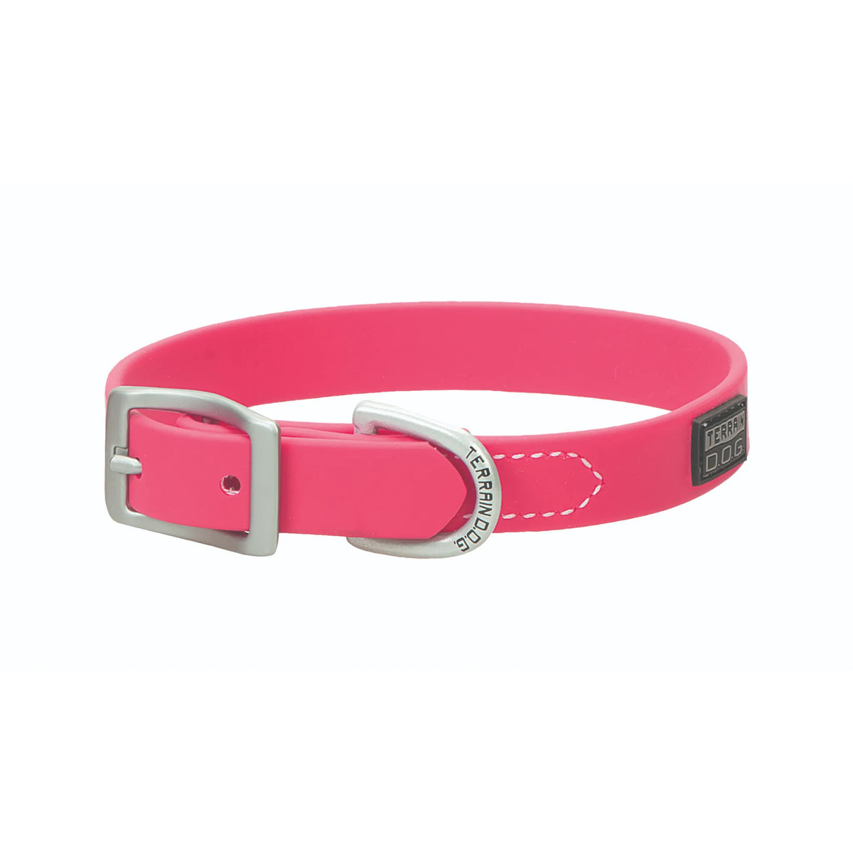 Vibrant neon pink Weaver Leather Terrain D.O.G. Brahma Webb Dog Collar, a waterproof and durable choice for active dogs. This weather-resistant collar features a matte silver buckle, white accent stitching, and a silver D-ring engraved with Terrain D.O.G. The flexible, easy-to-clean synthetic webbing and stylish black logo patch make it the perfect high-visibility accessory for outdoor adventures and everyday walks.