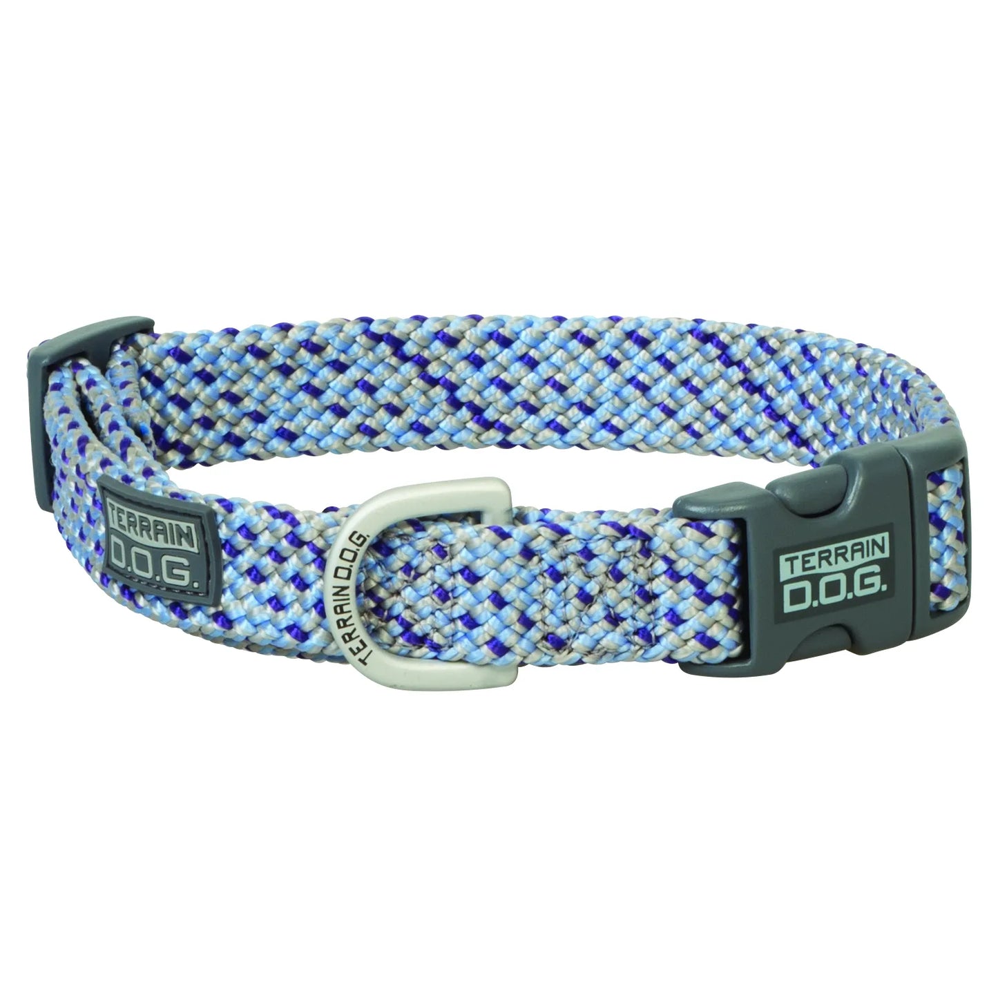 Weaver Leather Terrain D.O.G. Braided Rope Dog Collar in a vibrant blue, purple, and grey pattern. This durable dog collar features a comfortable woven design, a secure dark grey quick-release buckle, and a matte silver D-ring for leash attachment. Ideal for active dogs and outdoor adventures, this stylish, rugged pet accessory combines performance and comfort for everyday wear. A must-have for hiking with dogs and outdoor pet gear collections.