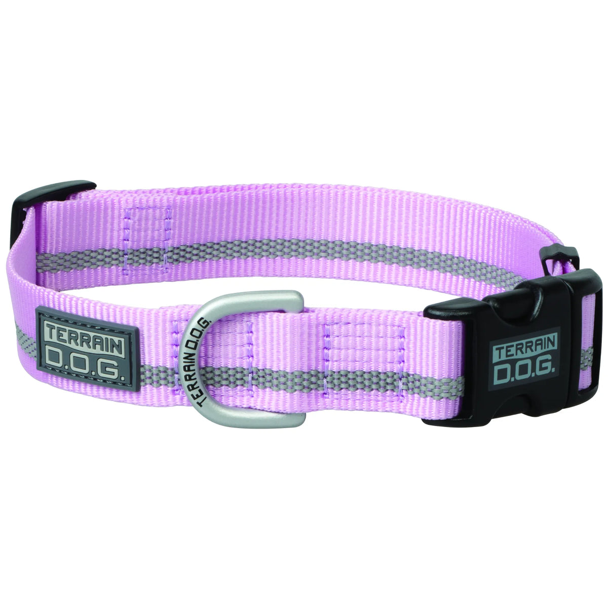 Lavender Weaver Leather Terrain D.O.G. Reflective Snap-n-Go Collar for dogs. This durable nylon collar features two grey reflective stripes for night safety, a black plastic quick-release buckle, and a silver metal D-ring with engraved branding. A high-visibility, adjustable pet accessory perfect for active outdoor adventures and stylish daily walks.