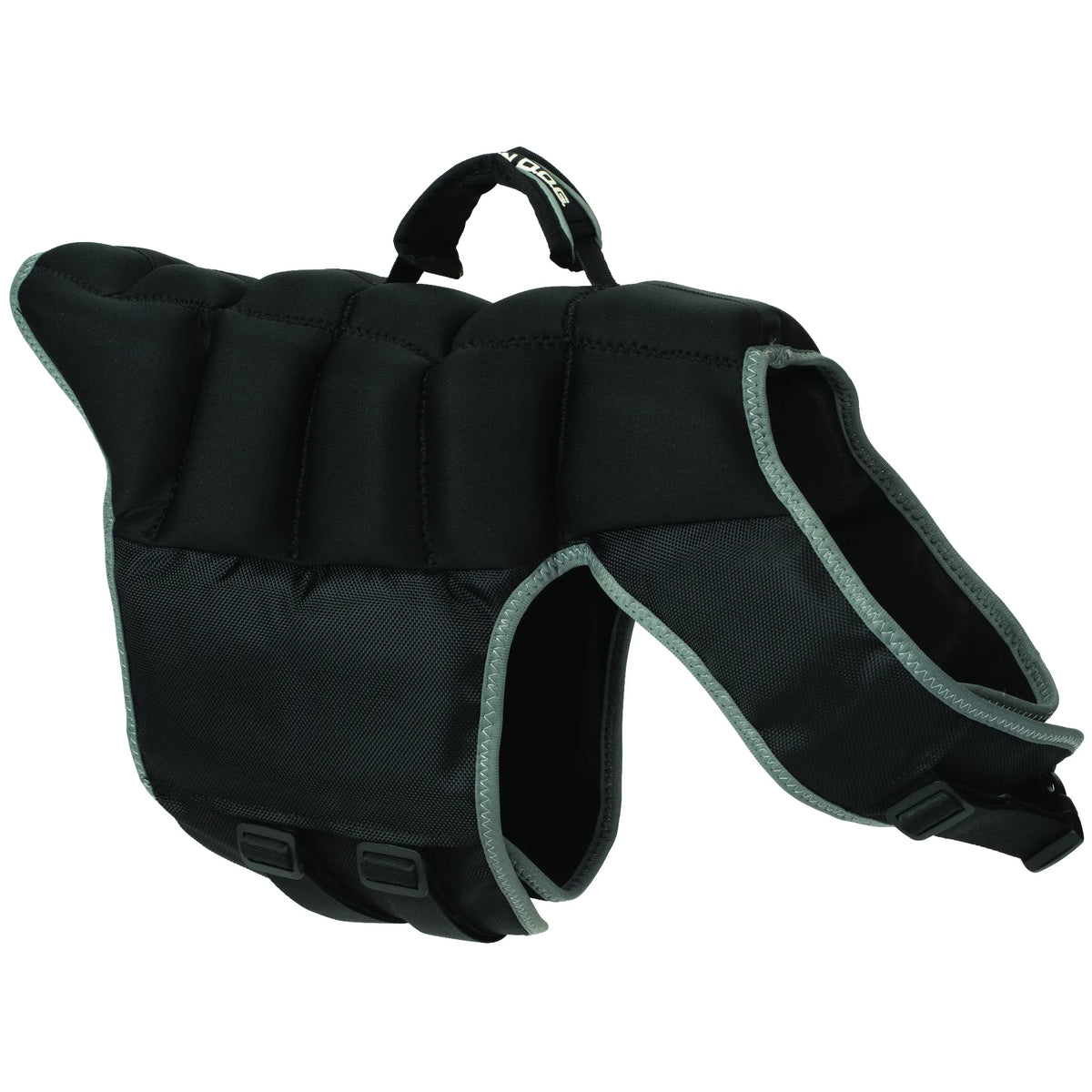 Weaver Leather Terrain Dog Swim Vest in black with grey trim. This durable dog life jacket features padded buoyancy panels, a sturdy top grab handle for quick rescue, and adjustable straps for a secure fit. Ideal for water safety during boating, swimming, and outdoor adventures, this vest combines style and functionality for your pet's protection.