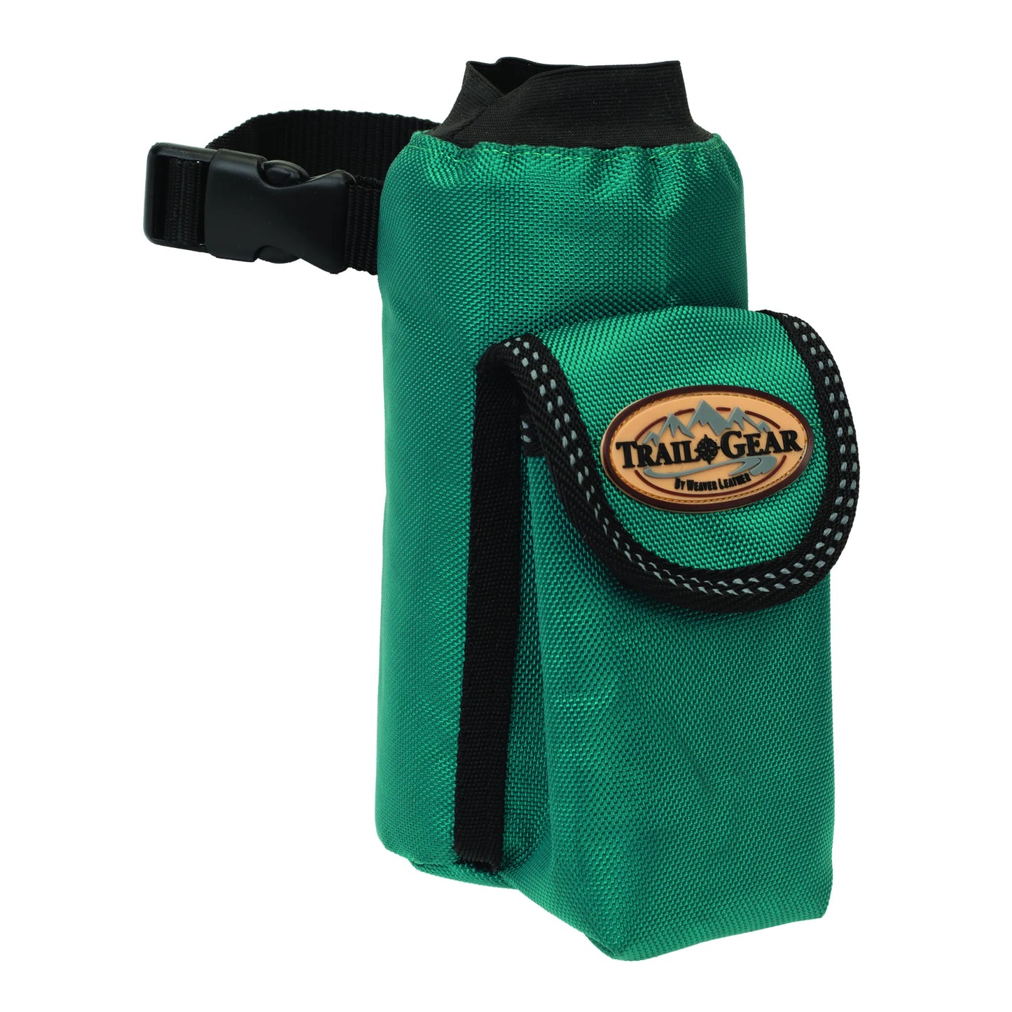 Green Weaver Leather Trail Gear Horse Water Bottle Holder Bag featuring durable emerald nylon fabric, a black adjustable strap with a quick-release buckle, and an elasticized top for secure bottle storage. The front includes an accessory pocket with a flap and an oval Trail Gear logo patch. Ideal for trail riding and equestrian adventures, this compact bottle carrier attaches easily to your saddle for convenient hydration on the go.