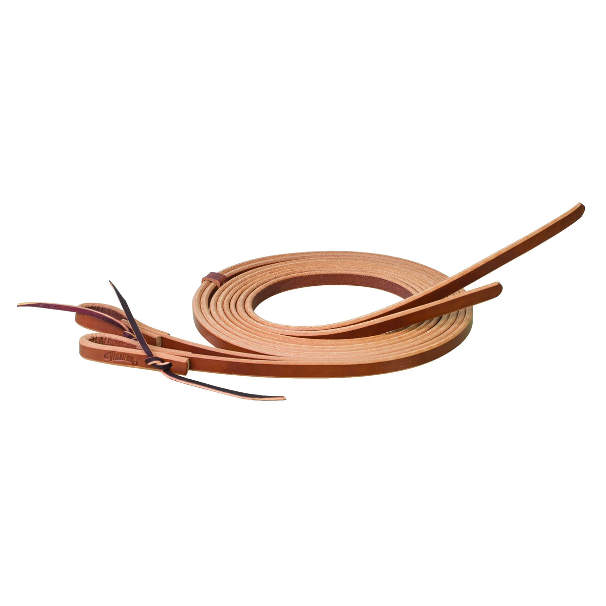 Weaver Leather 1/2-inch by 8-foot russet harness leather split reins for Western horse tack. These premium weighted horse reins feature water-tied bit ends with burgundy latigo lace ties and smoothed, burnished edges for a professional feel. Durable and supple, these heavy-duty leather reins are perfect for training, performance, or trail riding. High-quality equestrian gear featuring the classic Weaver Leather logo stamp on the bit end.