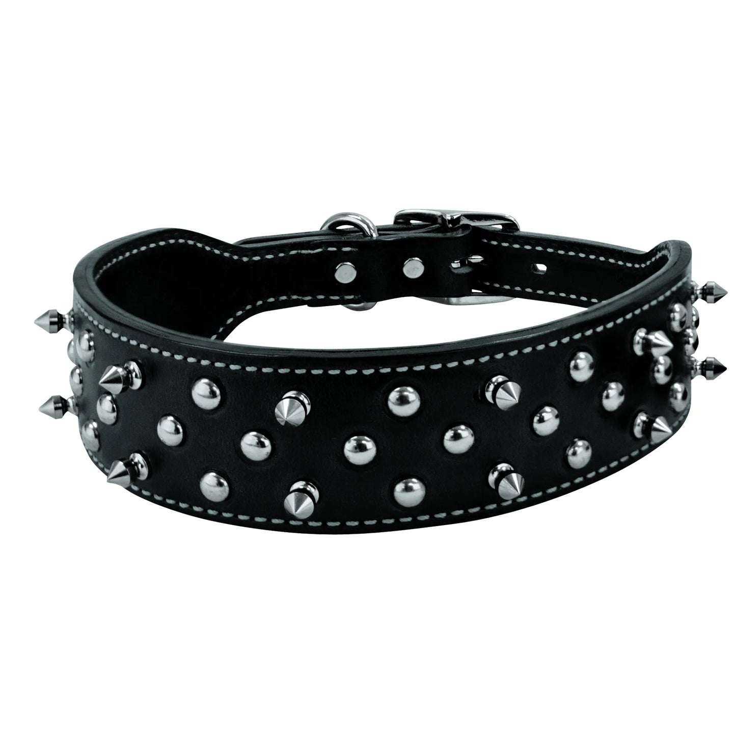 Weaver Pet Spike Collar: A premium black leather dog collar featuring a bold design of sharp silver spikes and rounded chrome studs. Detailed with durable white stitching and heavy-duty metallic hardware, including a sturdy buckle and D-ring. This stylish, rugged leather collar is perfect for medium and large dog breeds, offering a combination of high-fashion punk aesthetic and long-lasting durability for everyday wear.