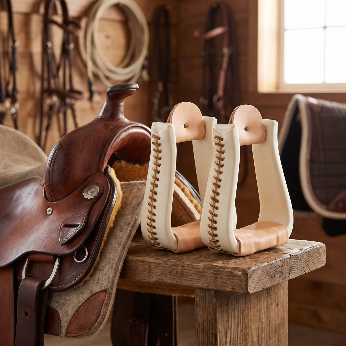 Pair of Weaver Leather 3 inch rawhide covered roper stirrups in a tack room