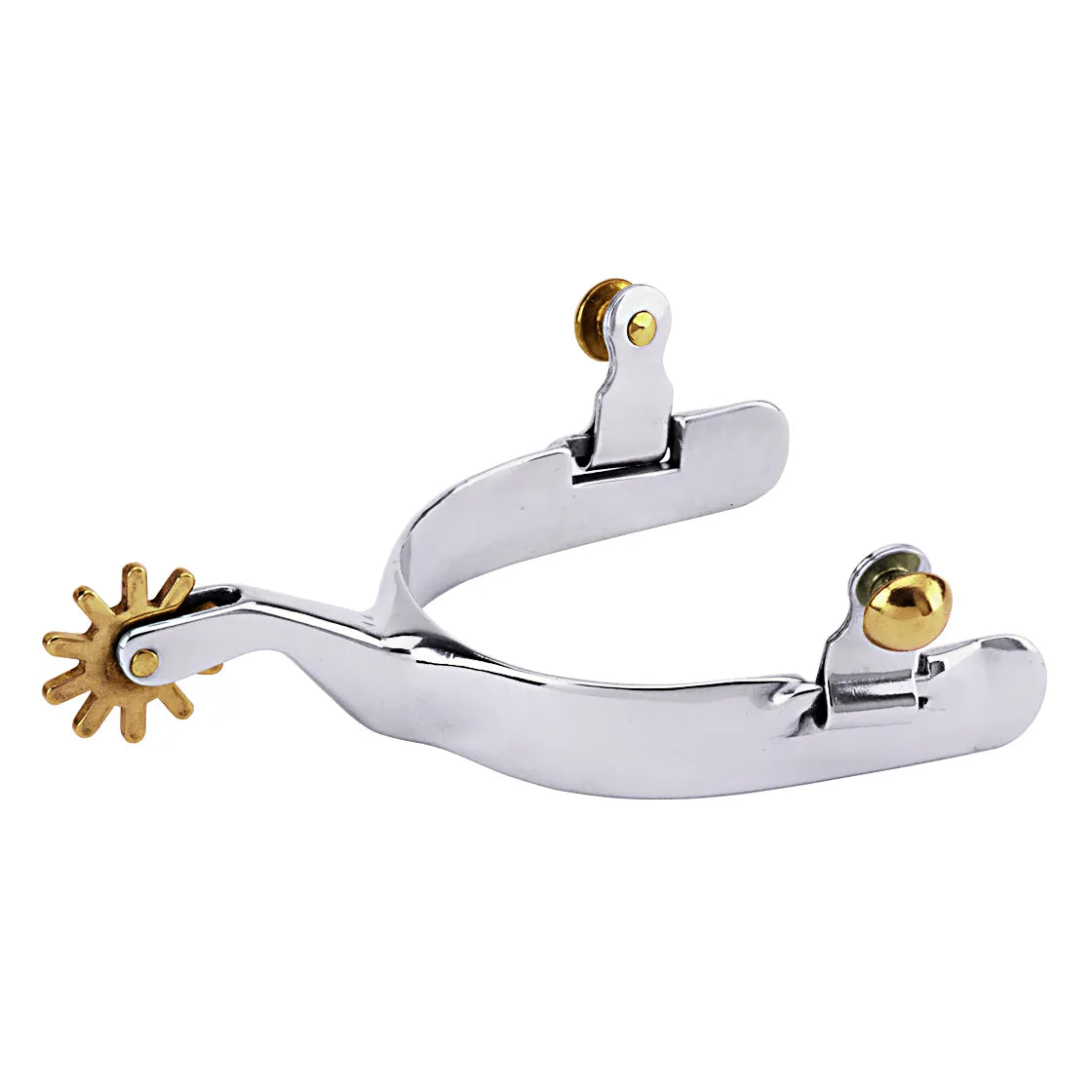 Weaver Stainless Steel Western Spurs featuring a 2-3/4" shank and a decorative 10-point brass star rowel. These polished equestrian spurs include brass button accents and hinged swingers for easy strap attachment. Durable and stylish horse riding equipment for western performance, training, and competition. Ideal for riders seeking precision and a classic look in the arena.