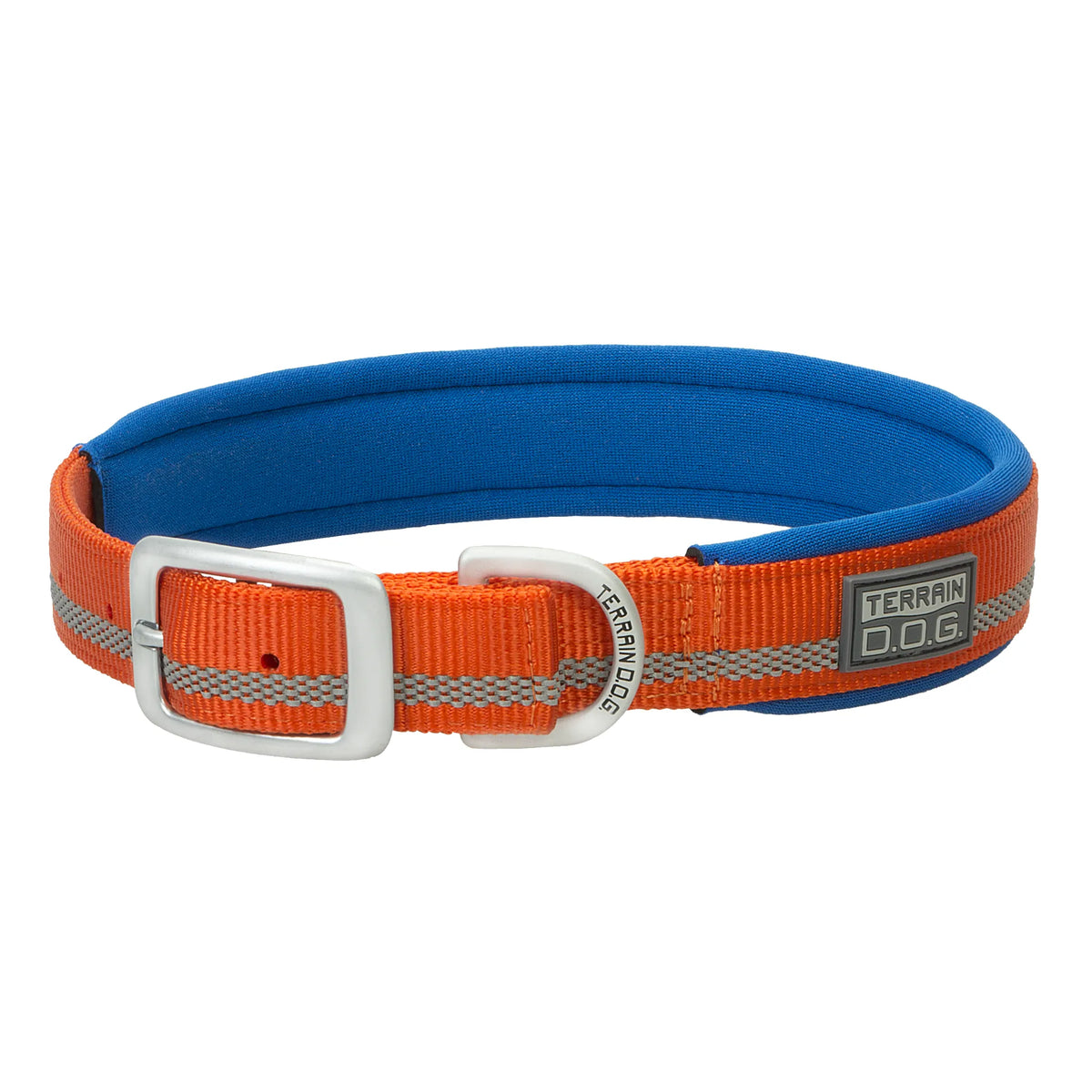 Weaver Terrain D.O.G. Reflective Dog Collar in high-visibility orange and royal blue. This adventure-ready, padded dog collar features a durable nylon strap with a reflective strip for night safety, a soft lining for comfort, and heavy-duty silver metal hardware including a secure buckle and D-ring. Perfect for active dogs on outdoor excursions, ensuring both safety and style on the trail.