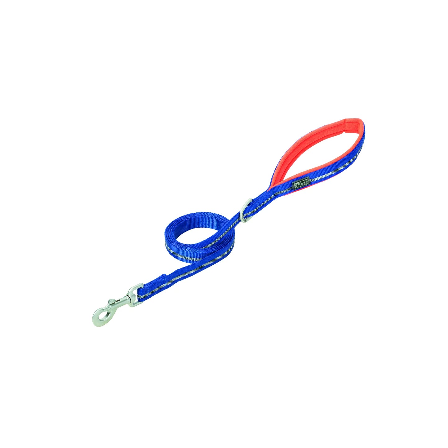 Vibrant blue Weaver Terrain D.O.G. Reflective Leash featuring a bright orange padded handle for ultimate comfort during walks. This heavy-duty dog lead includes high-visibility reflective stitching, a durable metal swivel snap hook, and a convenient accessory D-ring. Ideal for pet safety and style, this premium nylon leash is perfect for active dogs and everyday outdoor adventures.
