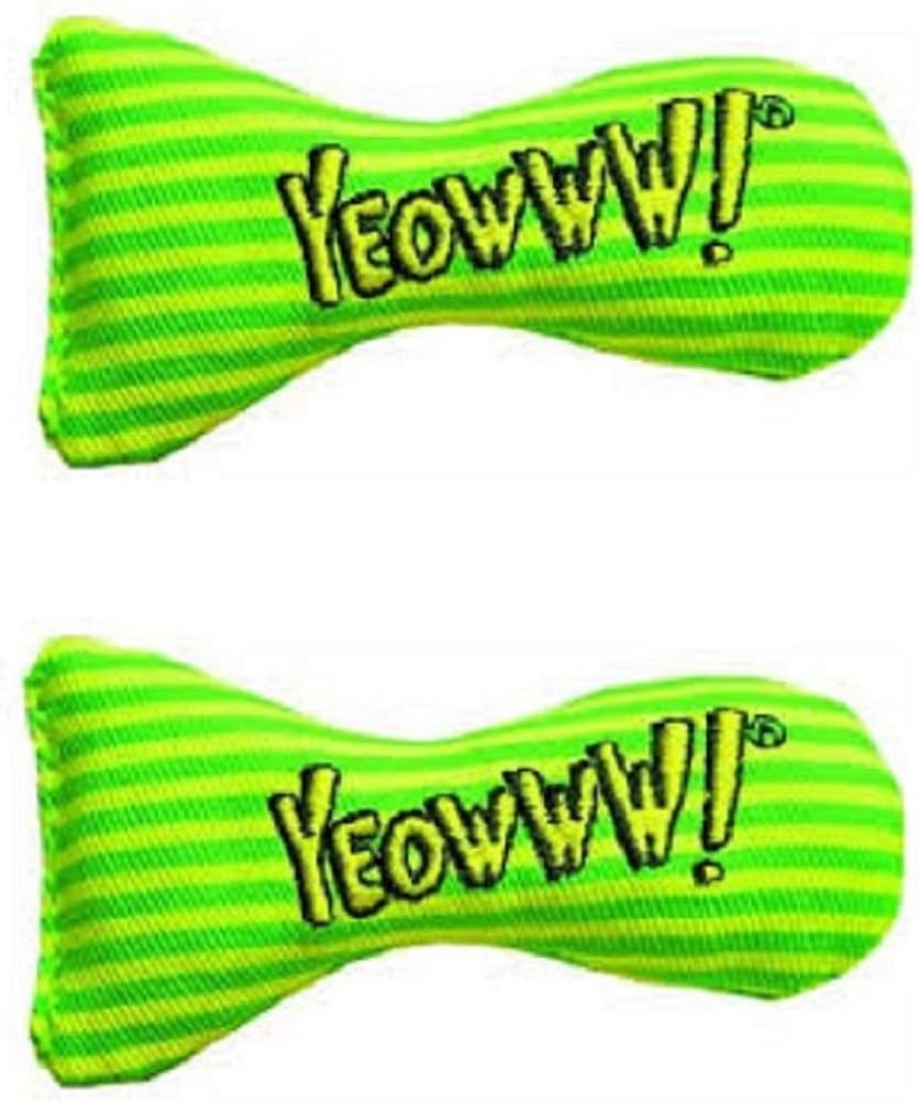 Two green and yellow striped cat toys with 'YEOWWW!' text filled with catnip - Hooves and Paws
