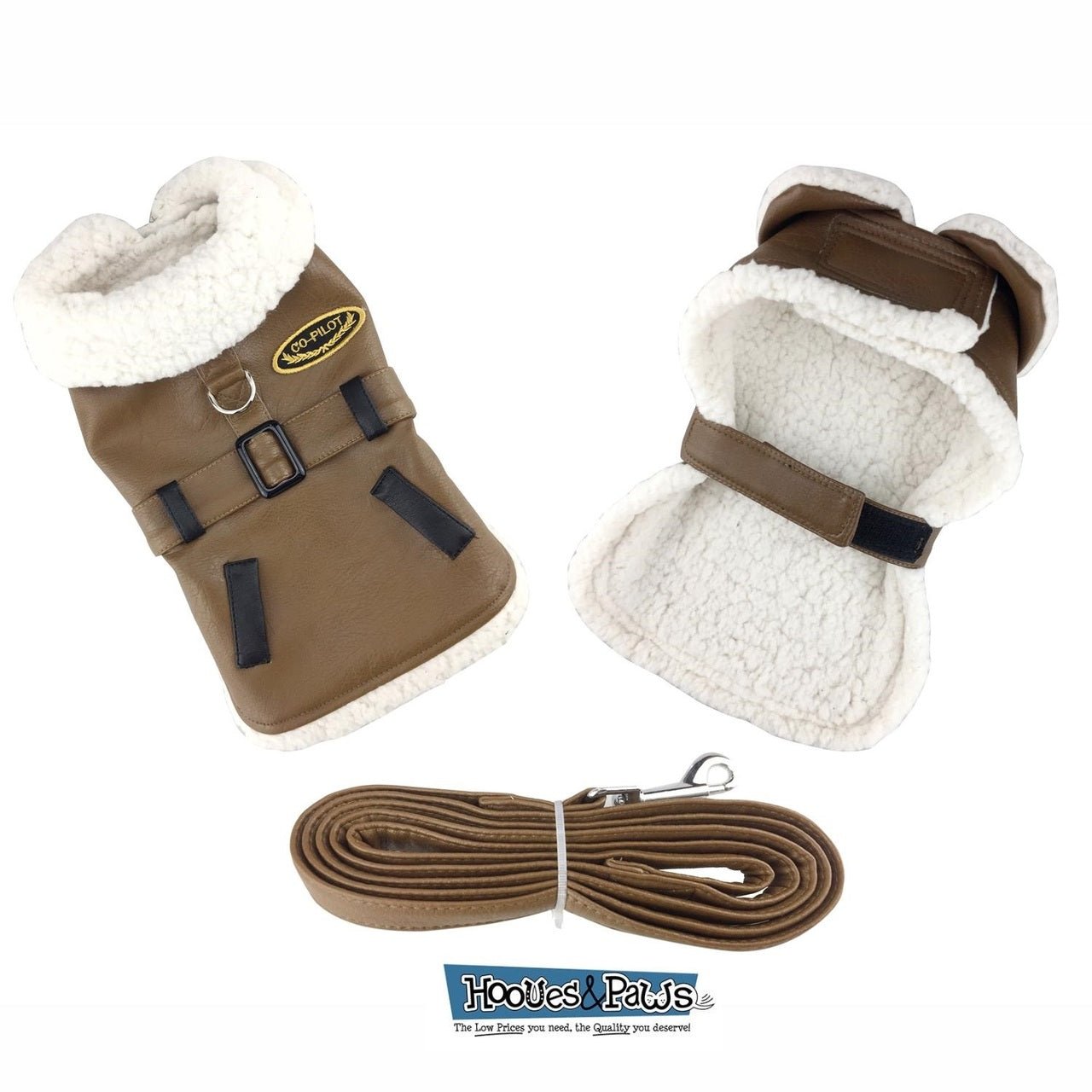 Doggie Design Lined Bomber Brown Faux Leather Jacket Coat Harness w/ Leash - Hooves and Paws