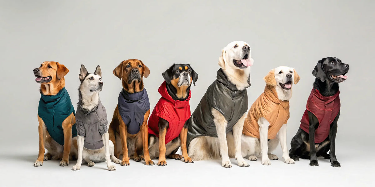 A group of large dogs wearing colorful waterproof coats.