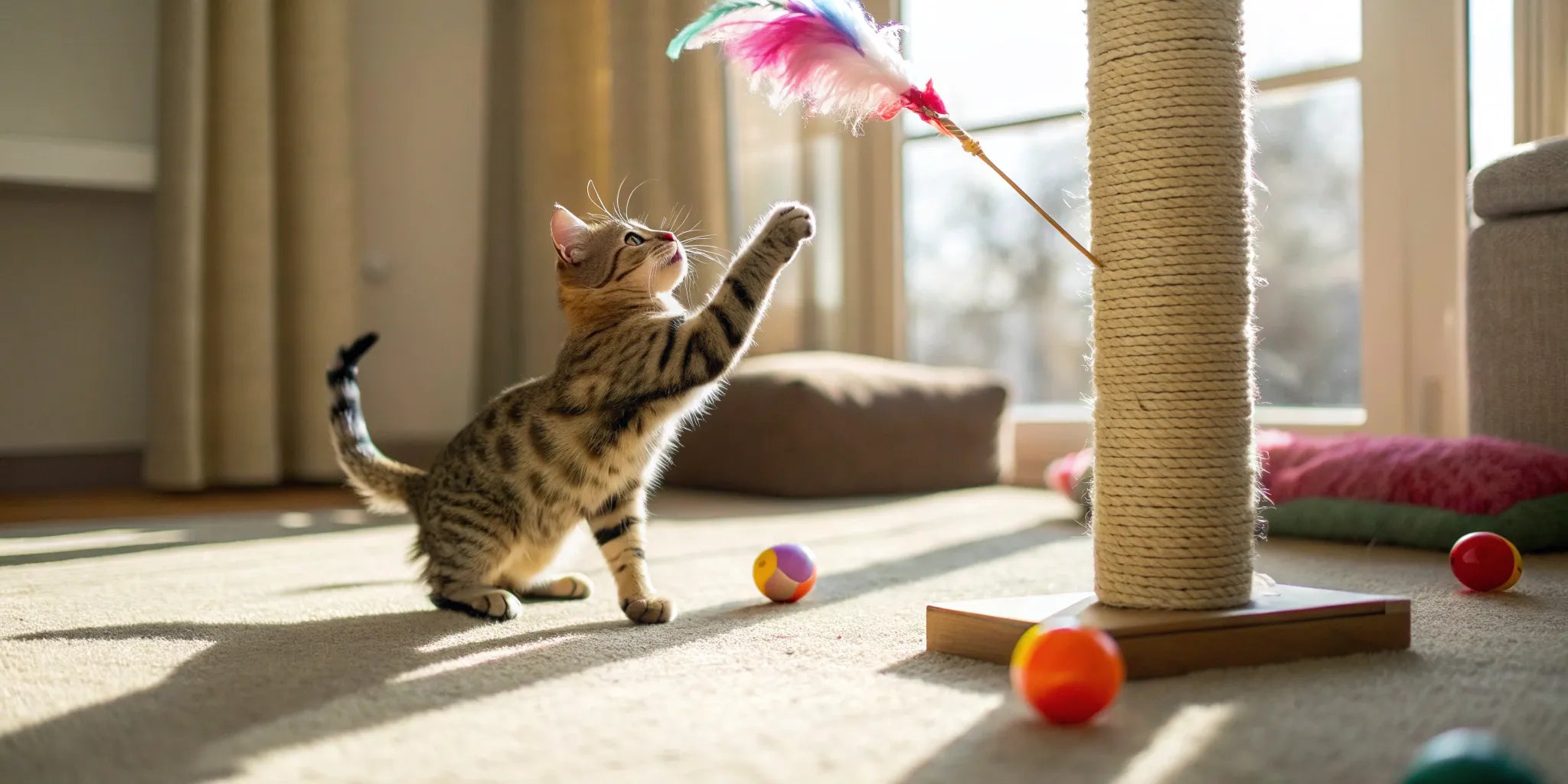 A bored tabby cat plays with the best cat toys, including a feather wand and colorful balls.
