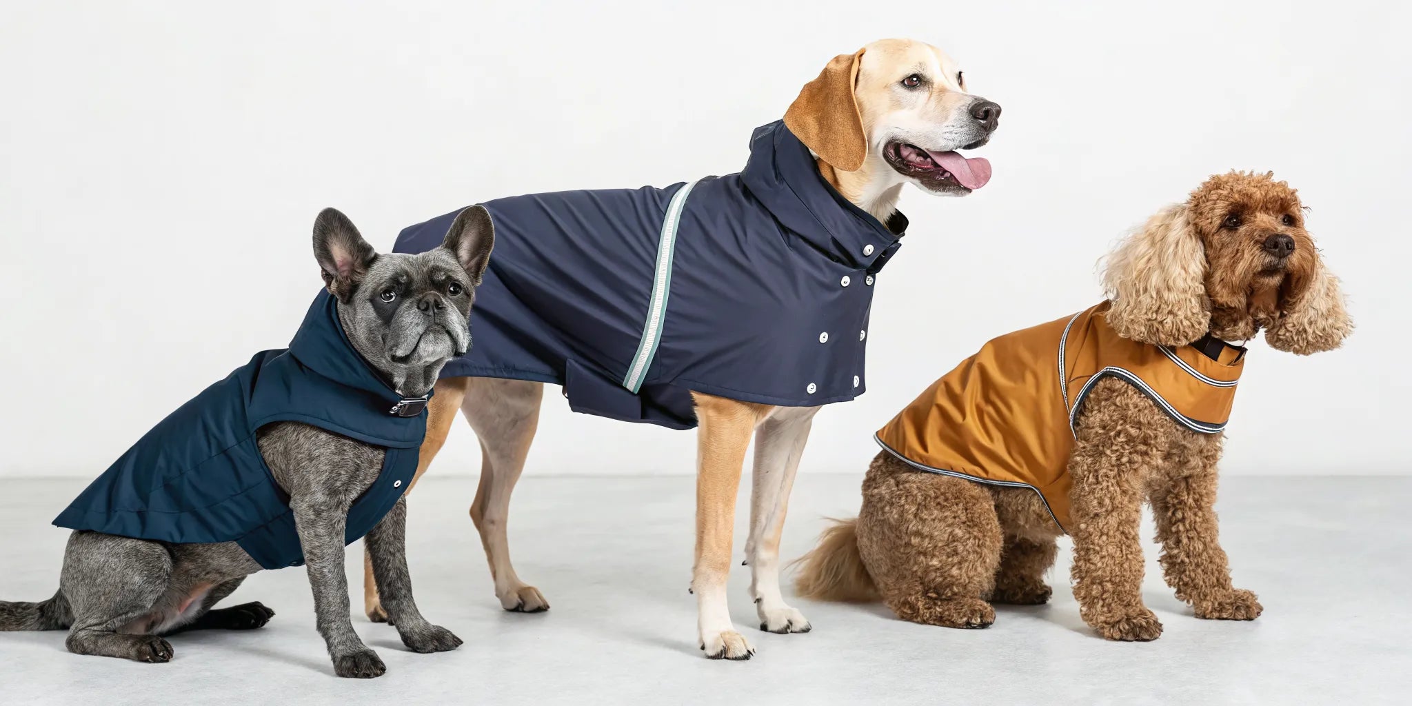 Three dogs wearing blue and orange lightweight waterproof dog jackets.