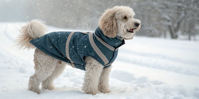 Full body dog winter coat on a dog standing in the snow.
