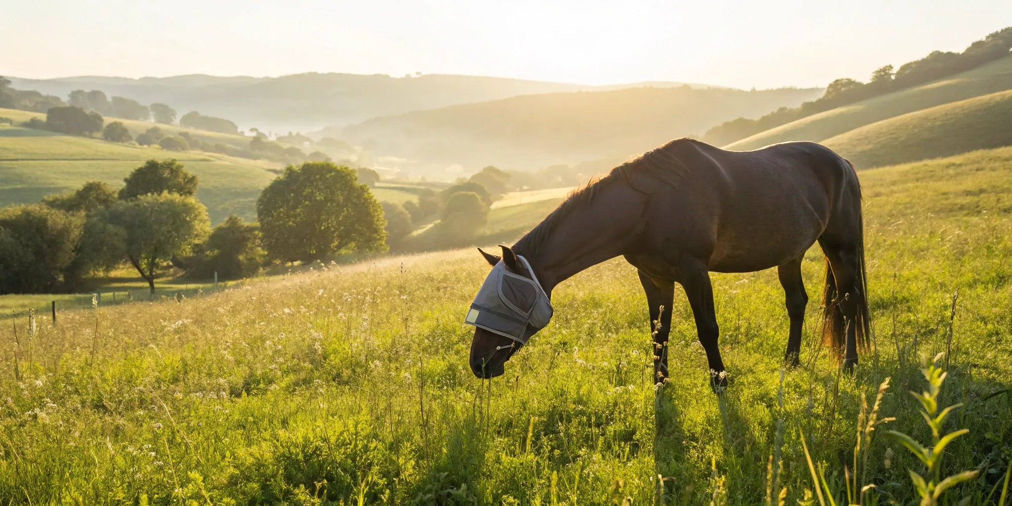 A horse wearing one of the best UV protection fly masks for sun safety.