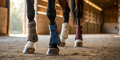A horse wearing various medicine boots for leg support and protection.