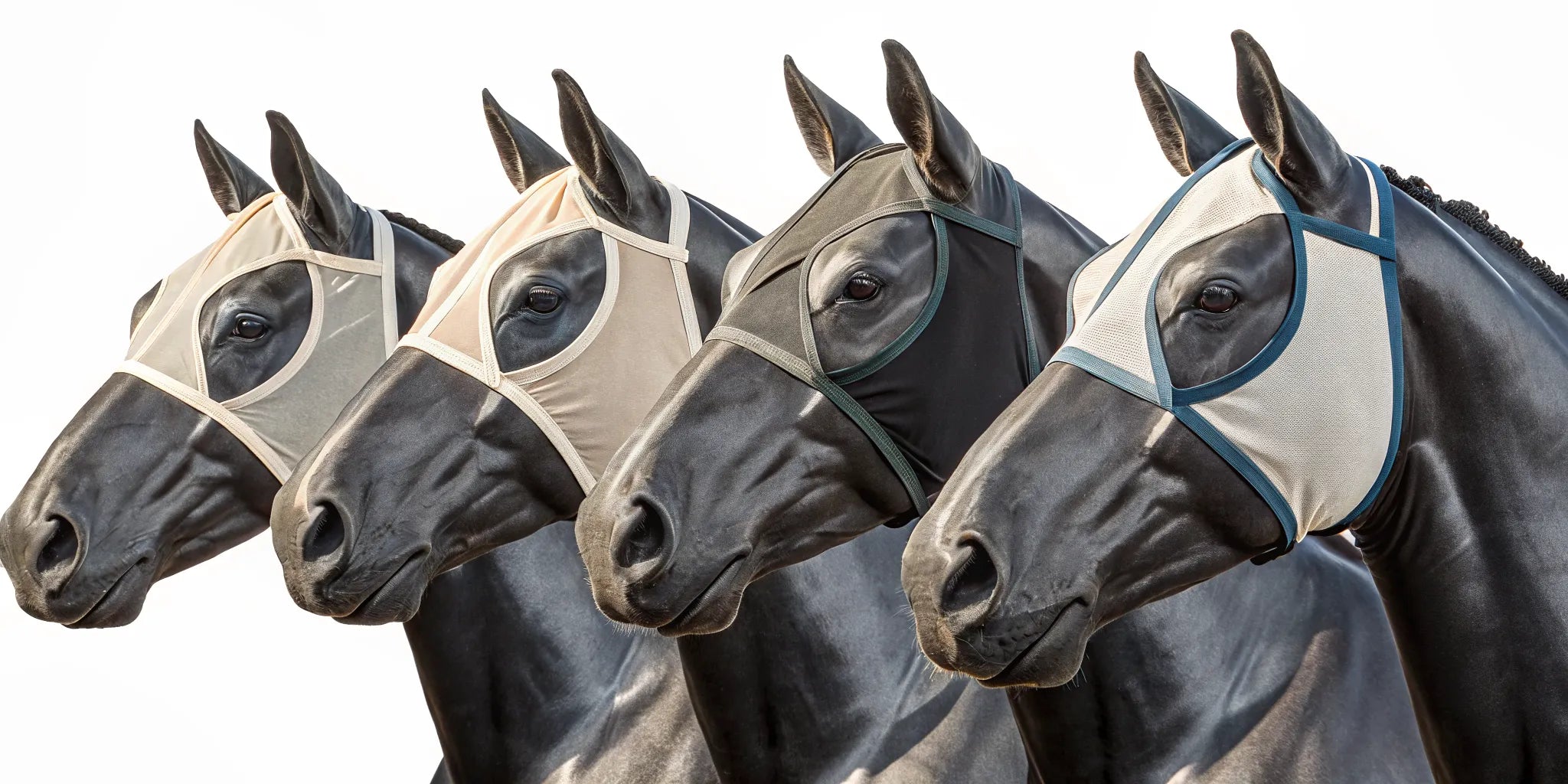 Four horses wearing different 100% UV protection fly masks.